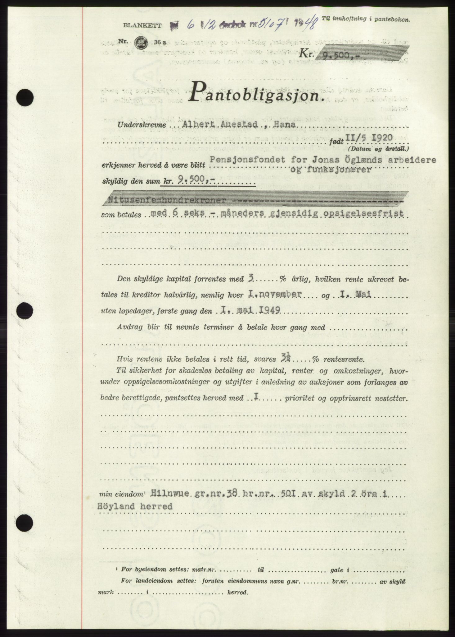 Jæren sorenskriveri, SAST/A-100310/03/G/Gba/L0100: Pantebok, 1948-1948, Dagboknr: 5107/1948