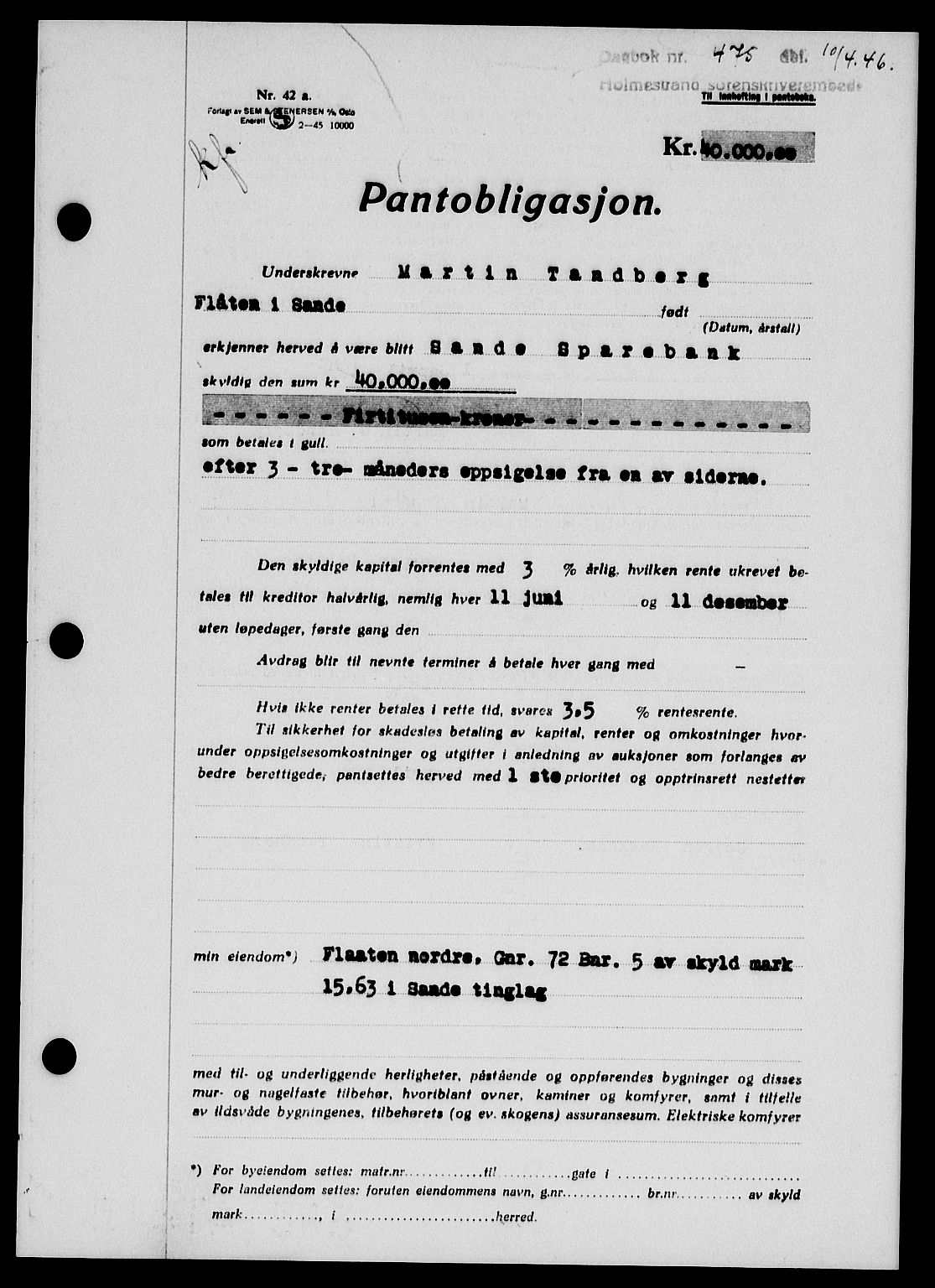 Holmestrand sorenskriveri, SAKO/A-67/G/Ga/Gab/L0055: Pantebok nr. B-55, 1945-1946, Dagboknr: 475/1946
