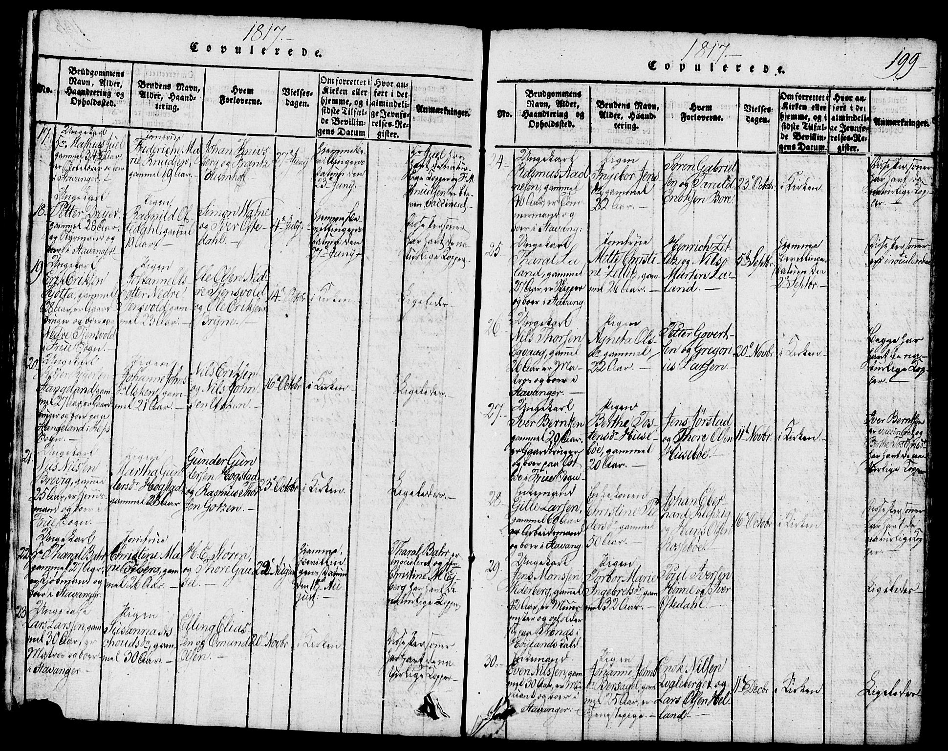 Domkirken sokneprestkontor, AV/SAST-A-101812/001/30/30BB/L0008: Klokkerbok nr. B 8, 1816-1821, s. 199