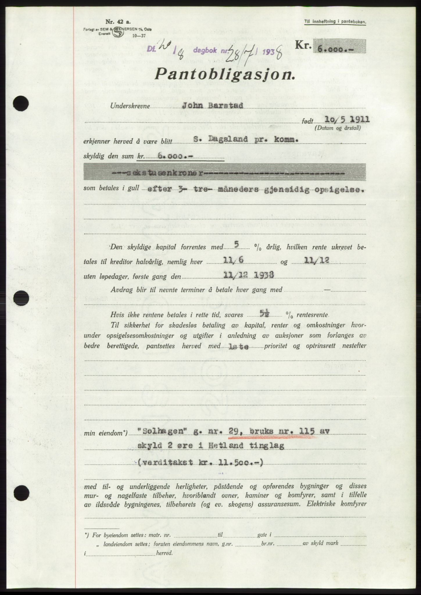 Jæren sorenskriveri, SAST/A-100310/03/G/Gba/L0071: Pantebok, 1938-1938, Dagboknr: 2817/1938