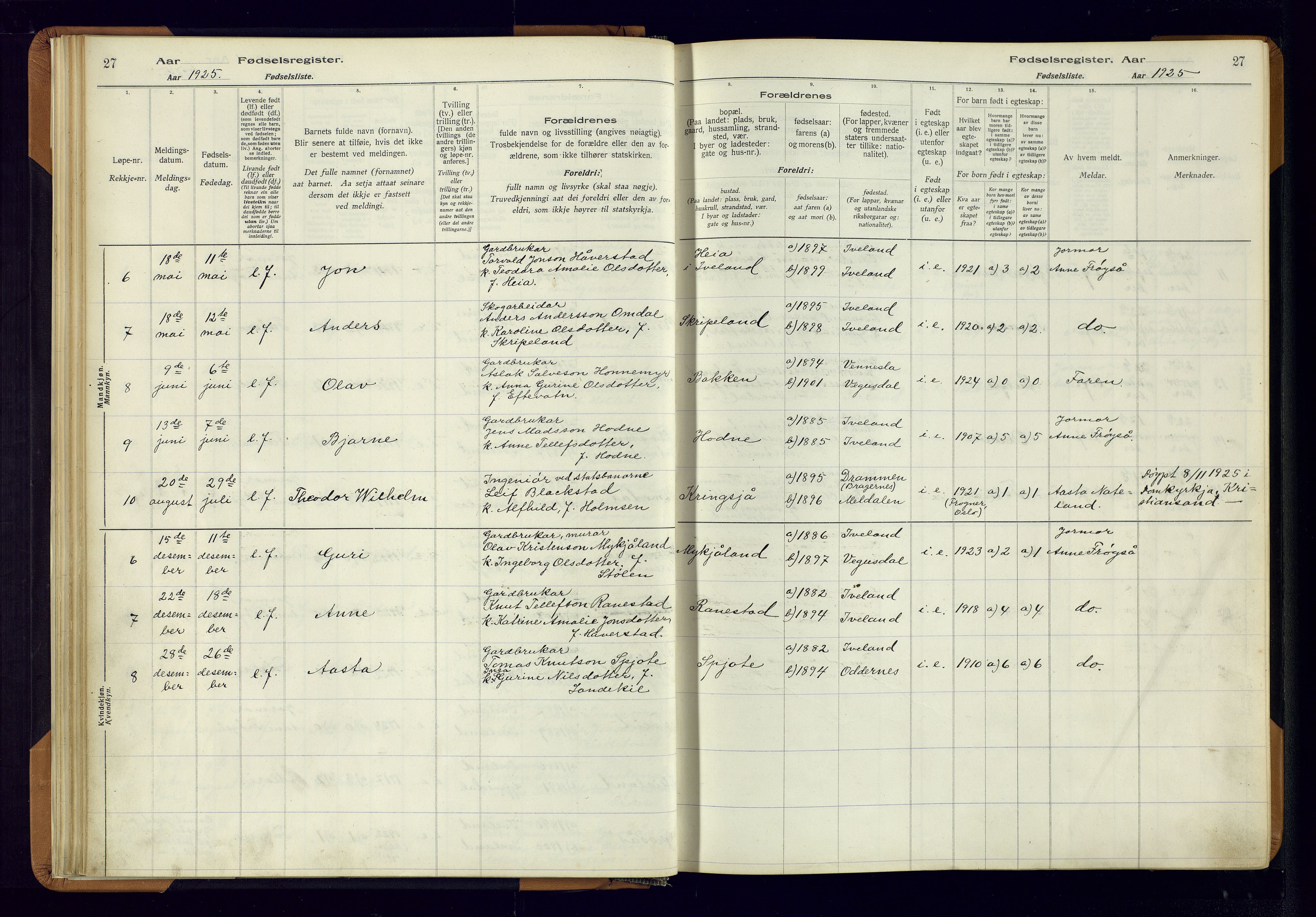 Evje sokneprestkontor, AV/SAK-1111-0008/J/Jc/L0003: Fødselsregister nr. II.4.3, 1916-1982, s. 27