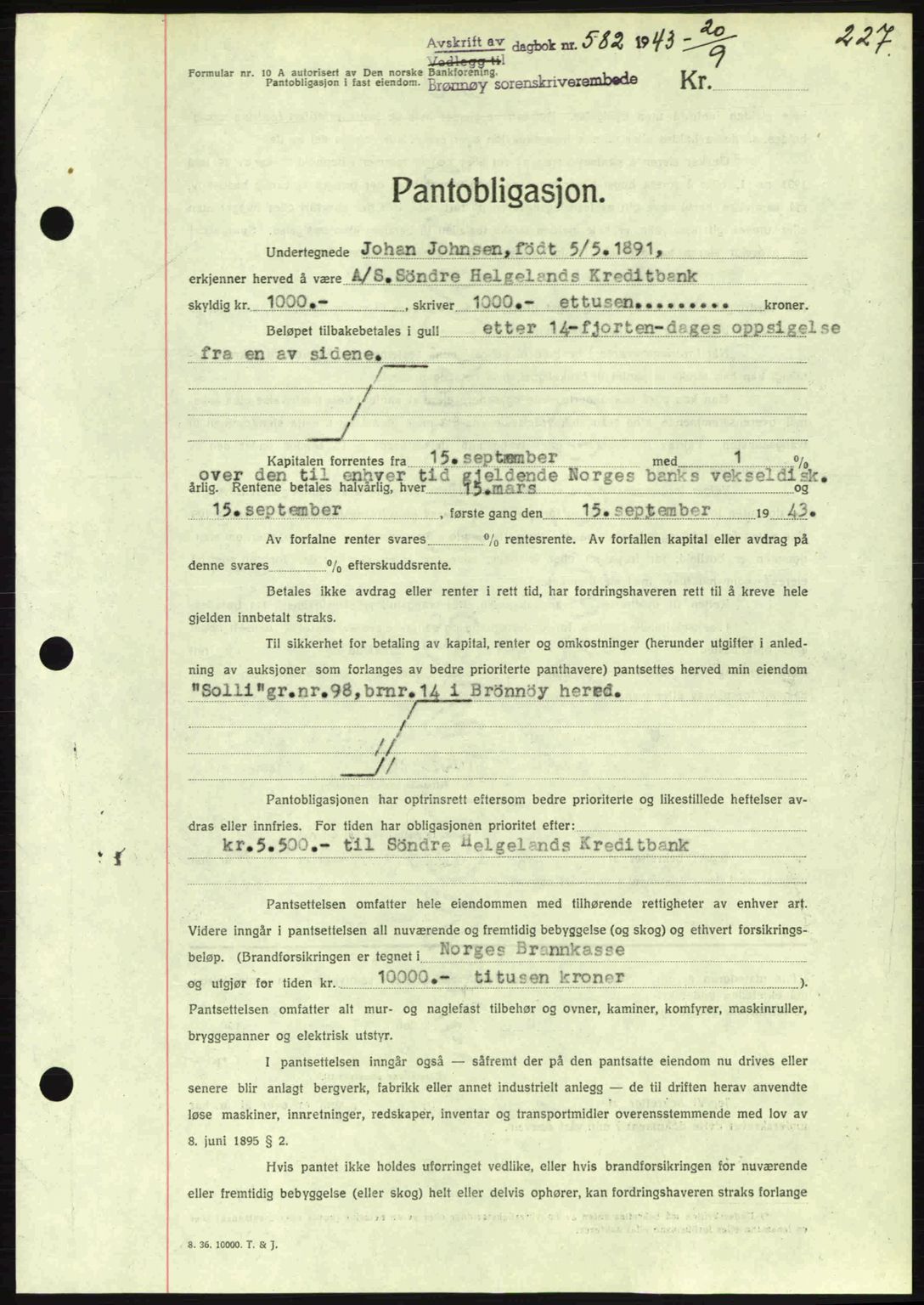 Brønnøy sorenskriveri, SAT/A-4170/1/2/2C: Pantebok nr. 23, 1943-1944, Dagboknr: 582/1943