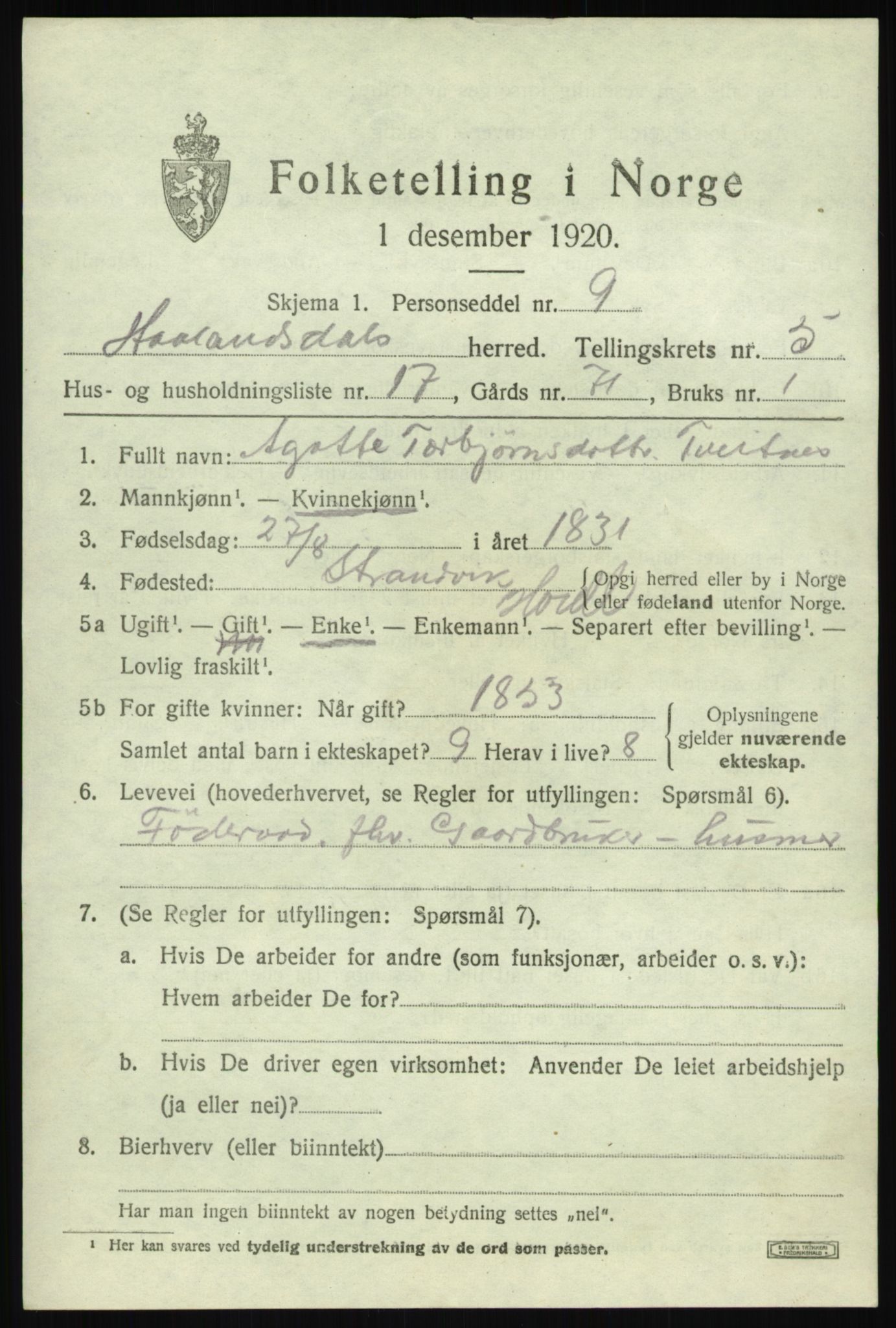 SAB, Folketelling 1920 for 1239 Hålandsdal herred, 1920, s. 1252