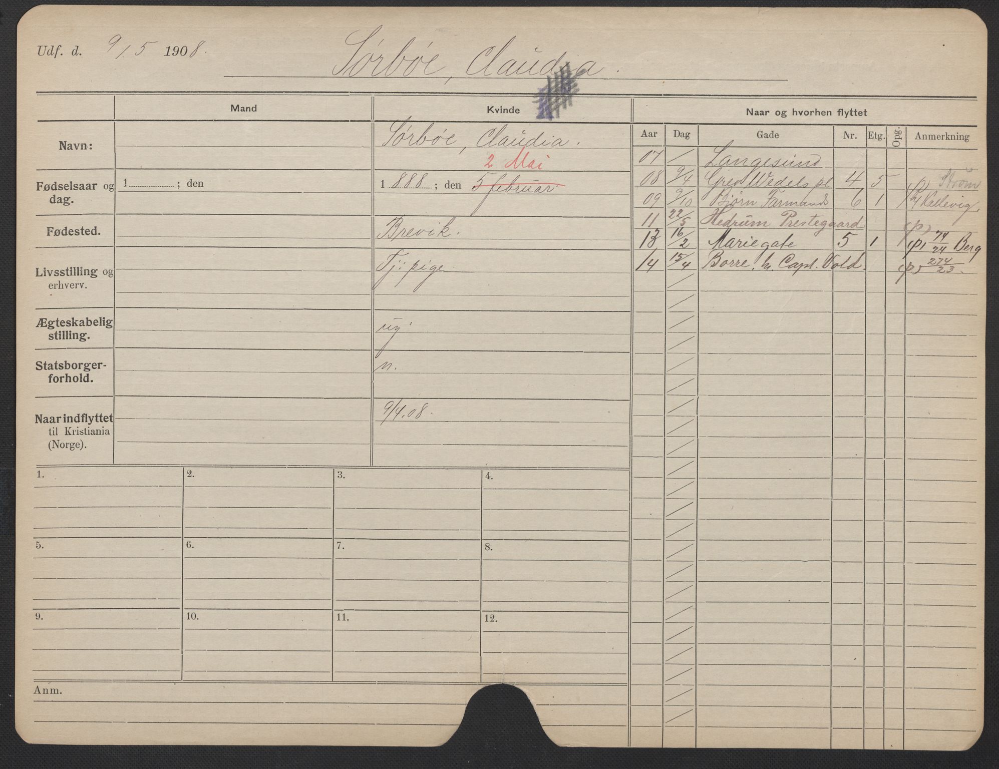 Oslo folkeregister, Registerkort, AV/SAO-A-11715/F/Fa/Fac/L0024: Kvinner, 1906-1914, s. 856a