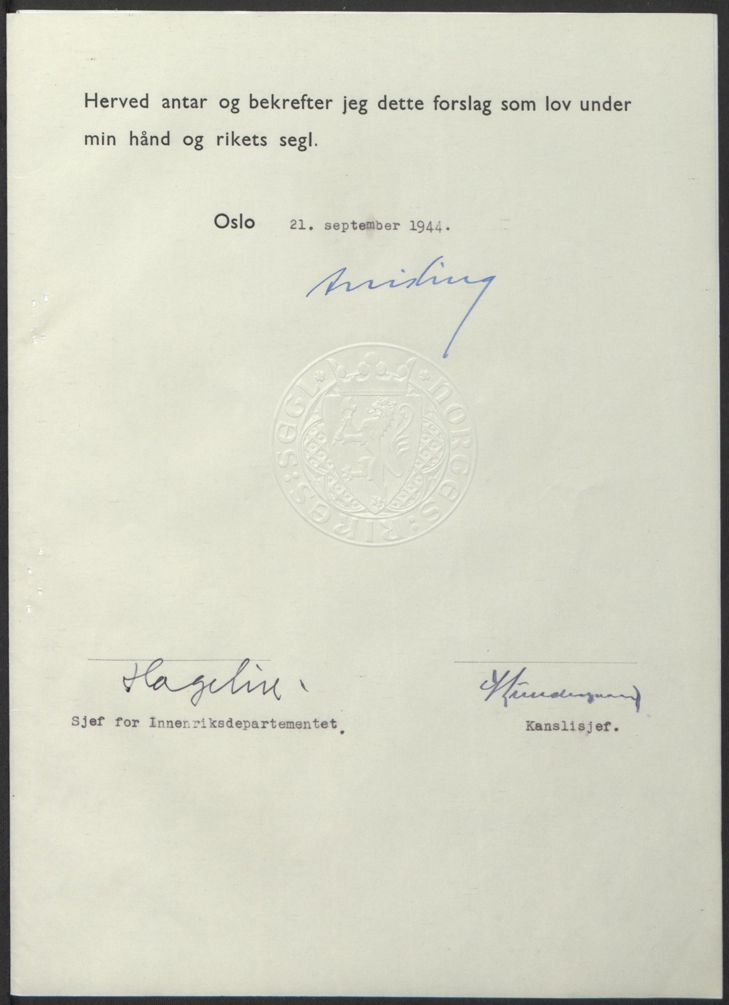NS-administrasjonen 1940-1945 (Statsrådsekretariatet, de kommisariske statsråder mm), RA/S-4279/D/Db/L0100: Lover, 1944, s. 449