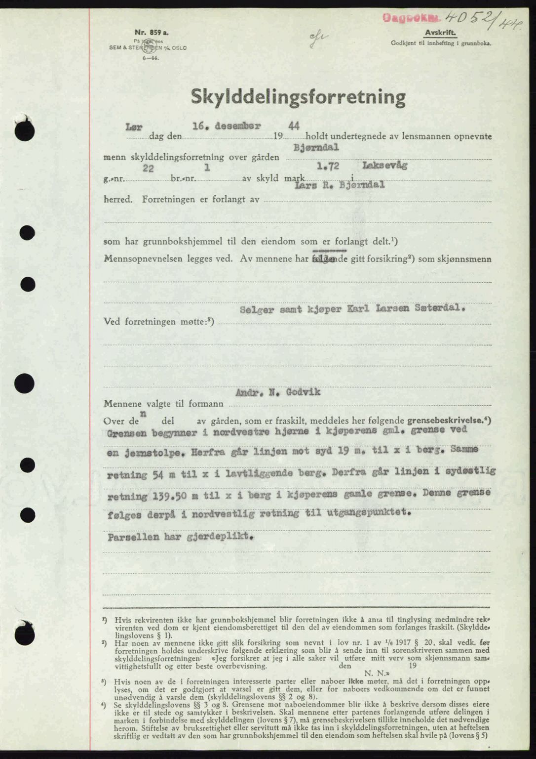 Midhordland sorenskriveri, SAB/A-3001/1/G/Gb/Gbk/L0008: Pantebok nr. A36-41, 1944-1945, Dagboknr: 4052/1944