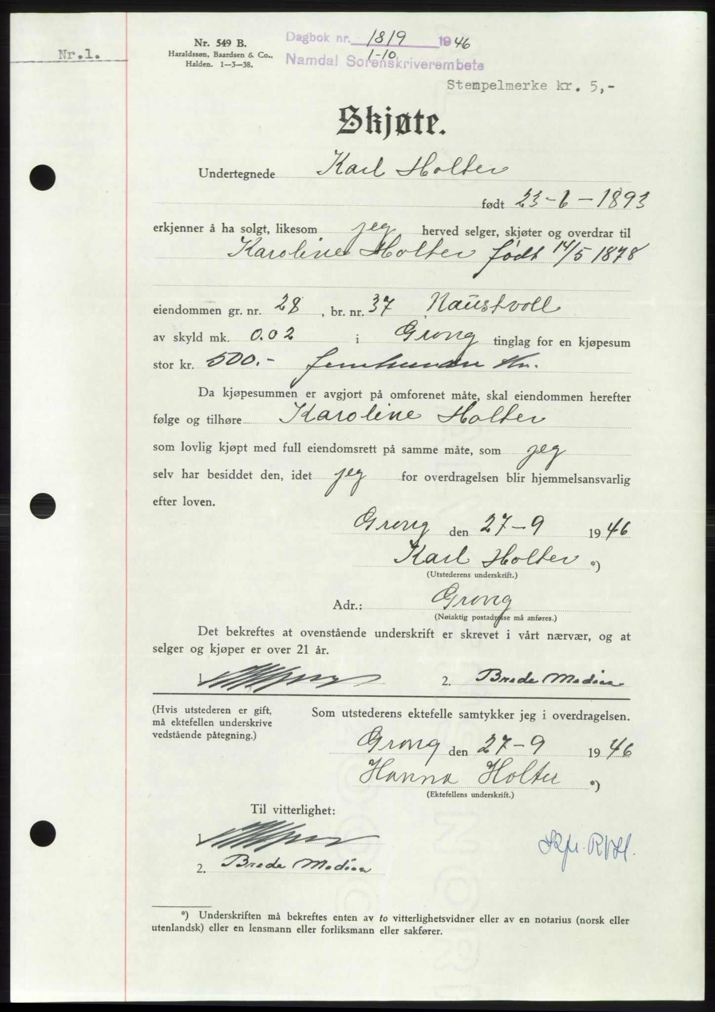 Namdal sorenskriveri, SAT/A-4133/1/2/2C: Pantebok nr. -, 1946-1947, Dagboknr: 1819/1946