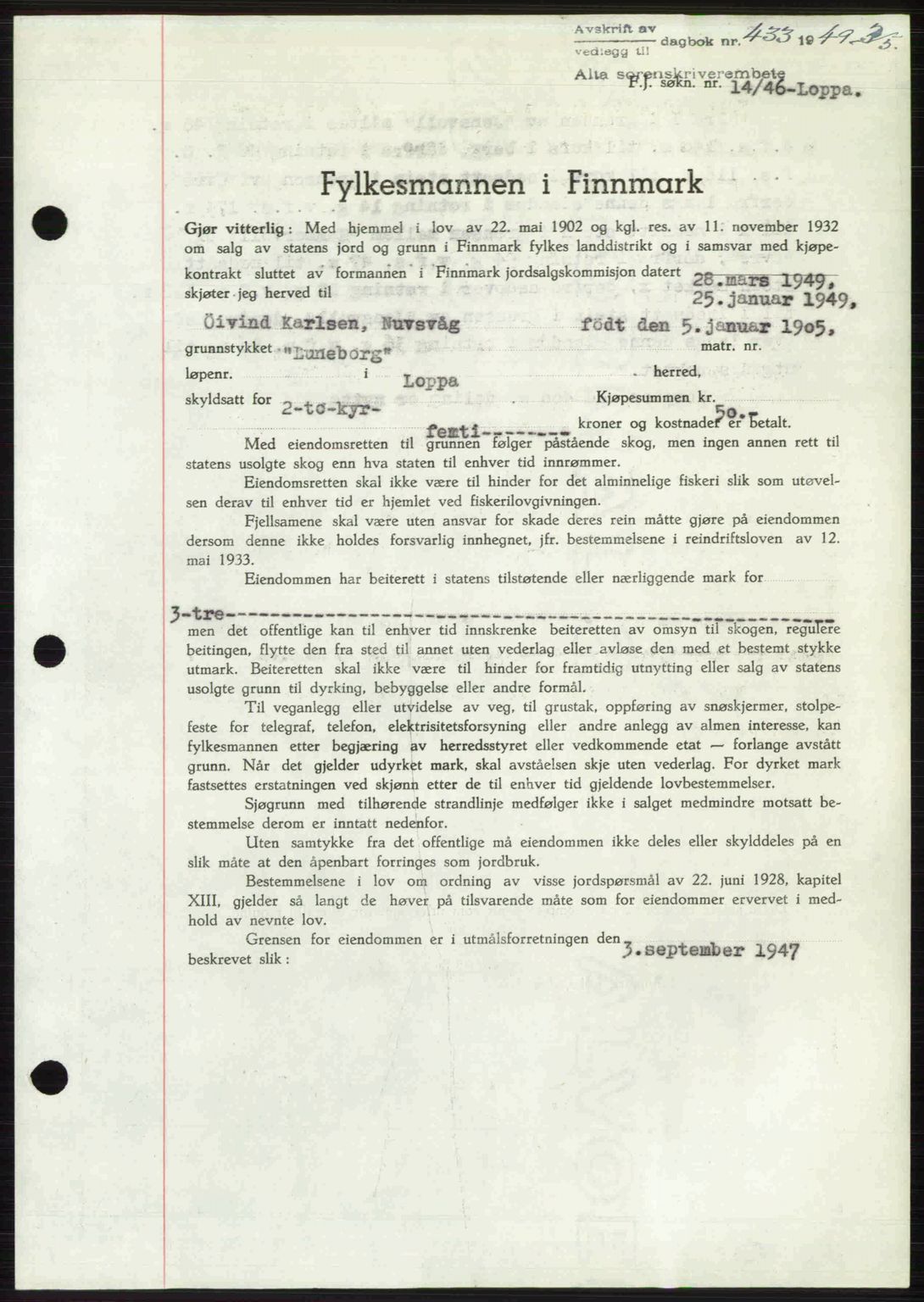 Alta fogderi/sorenskriveri, SATØ/SATØ-5/1/K/Kd/L0037pantebok: Pantebok nr. 39-40, 1948-1949, Dagboknr: 433/1949