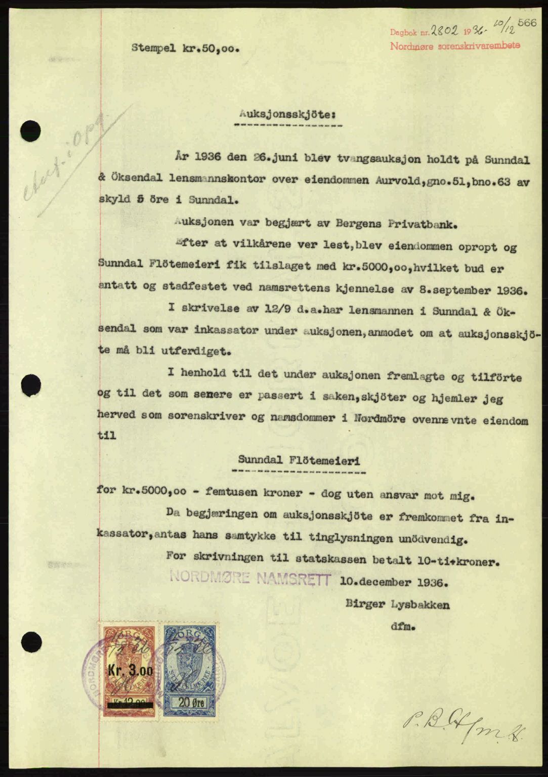 Nordmøre sorenskriveri, SAT/A-4132/1/2/2Ca: Pantebok nr. A80, 1936-1937, Dagboknr: 2802/1936