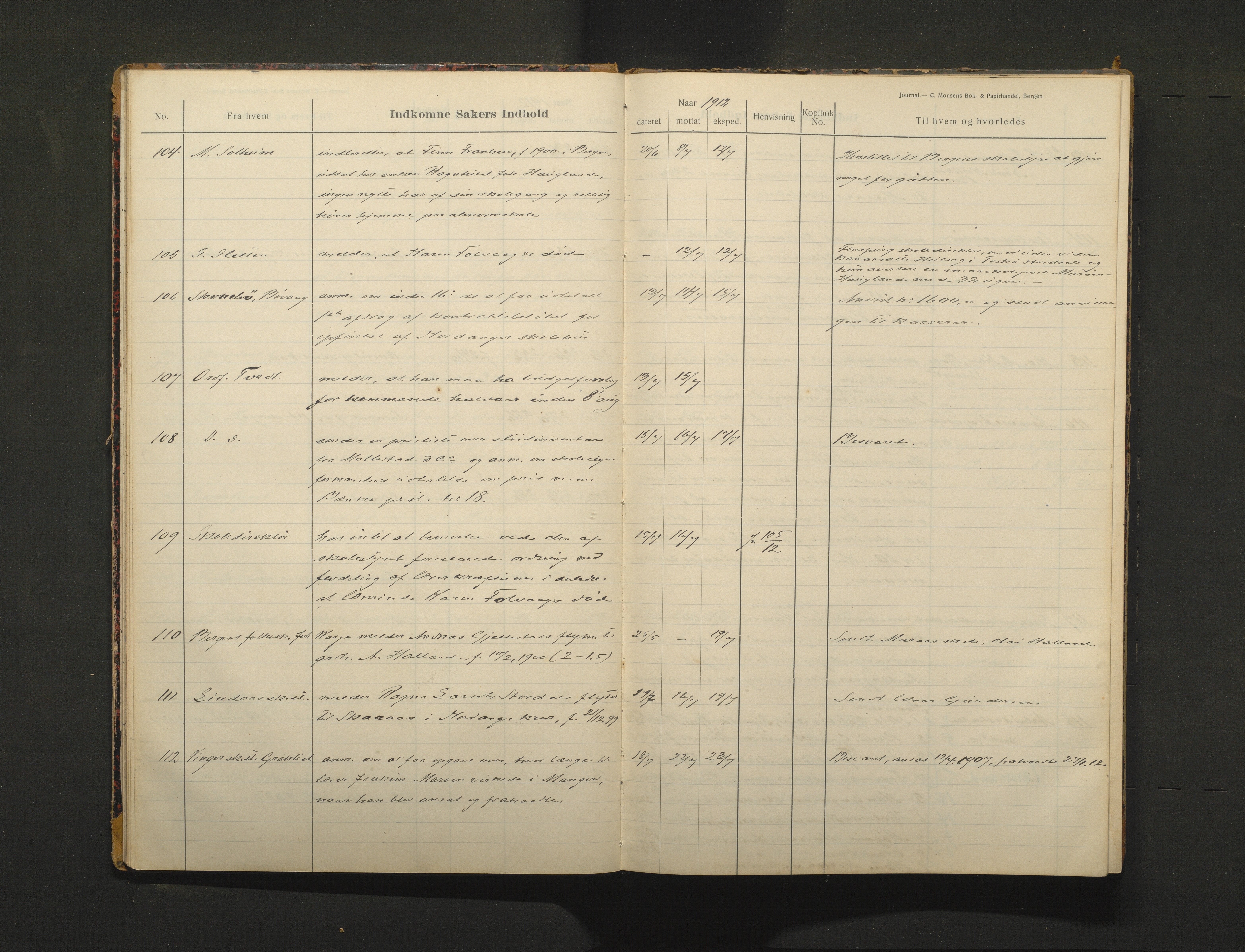 Manger kommune. Skulestyret, IKAH/1261-211/C/Ca/L0003: Journal for Manger skulestyre , 1912-1915