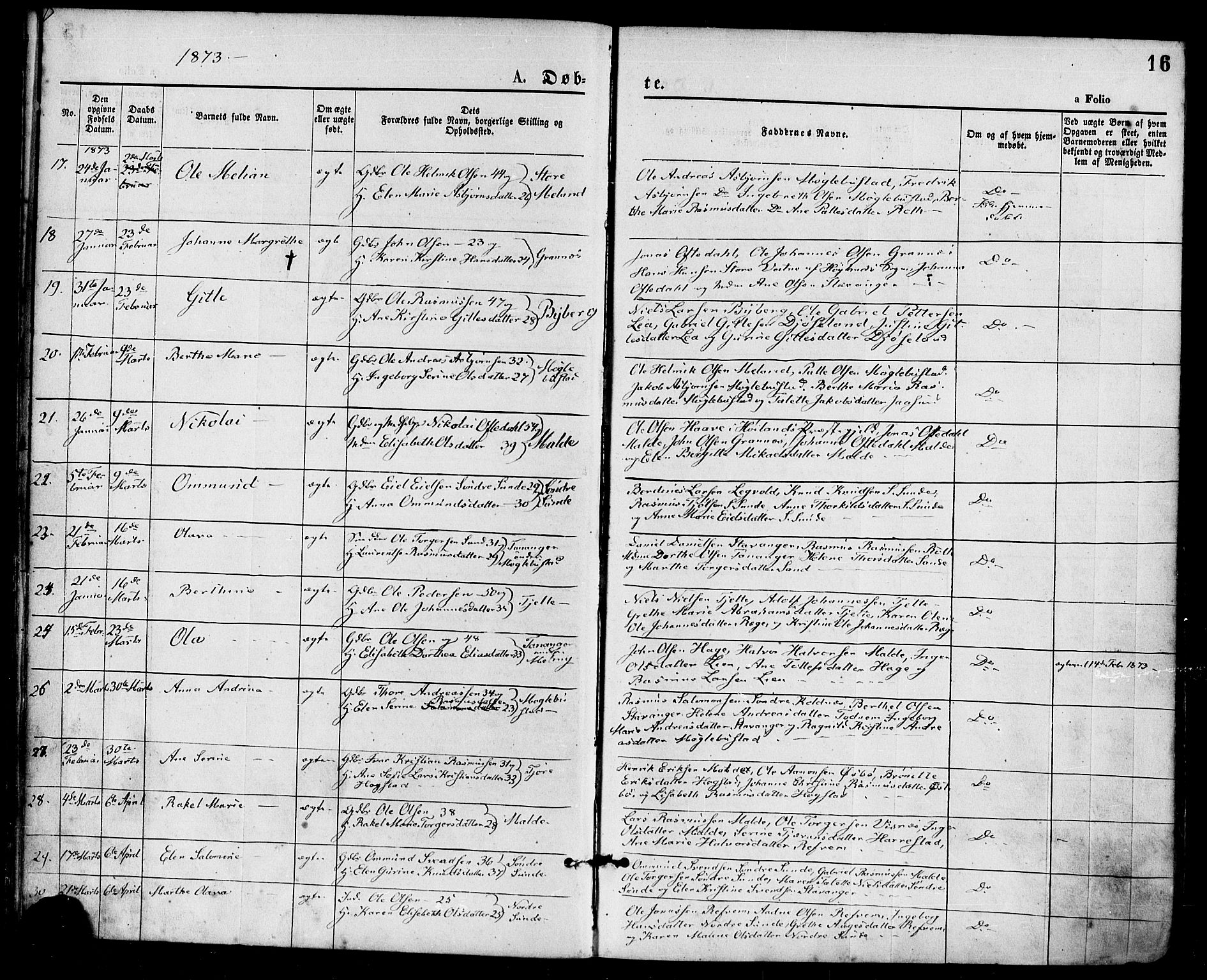 Håland sokneprestkontor, AV/SAST-A-101802/001/30BA/L0009: Ministerialbok nr. A 8, 1871-1882, s. 16