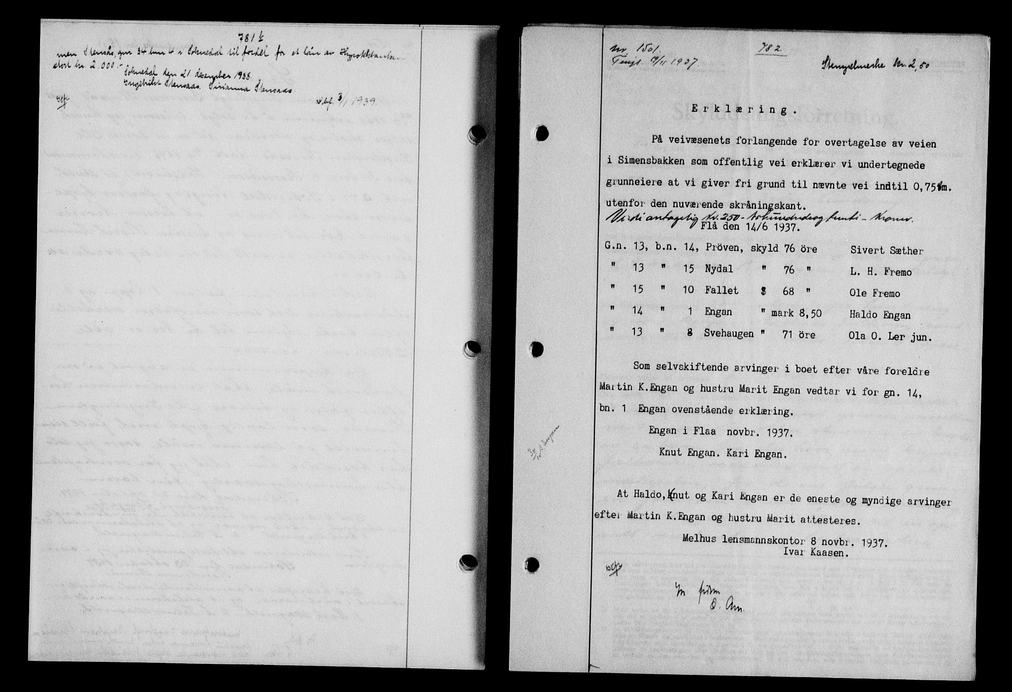 Gauldal sorenskriveri, SAT/A-0014/1/2/2C/L0048: Pantebok nr. 51-52, 1937-1938, s. 781-782, Dagboknr: 1501/1937