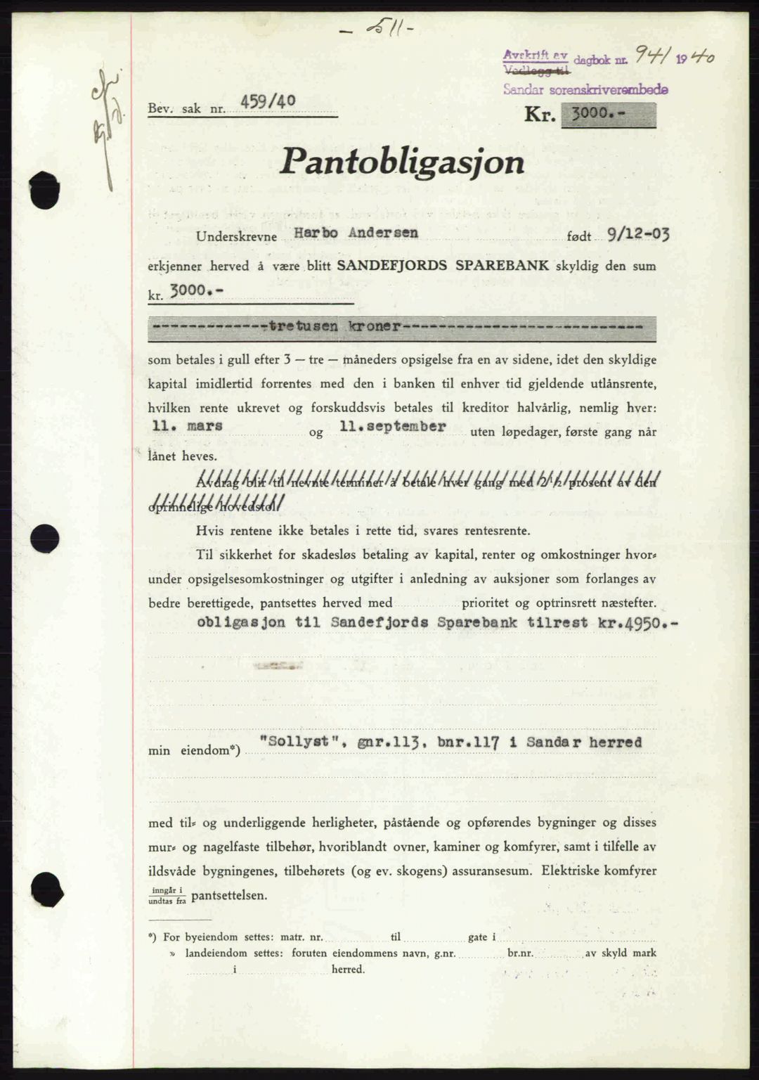 Sandar sorenskriveri, SAKO/A-86/G/Ga/Gab/L0001: Pantebok nr. B-1 og B-3 - B-9, 1936-1944, Dagboknr: 941/1940