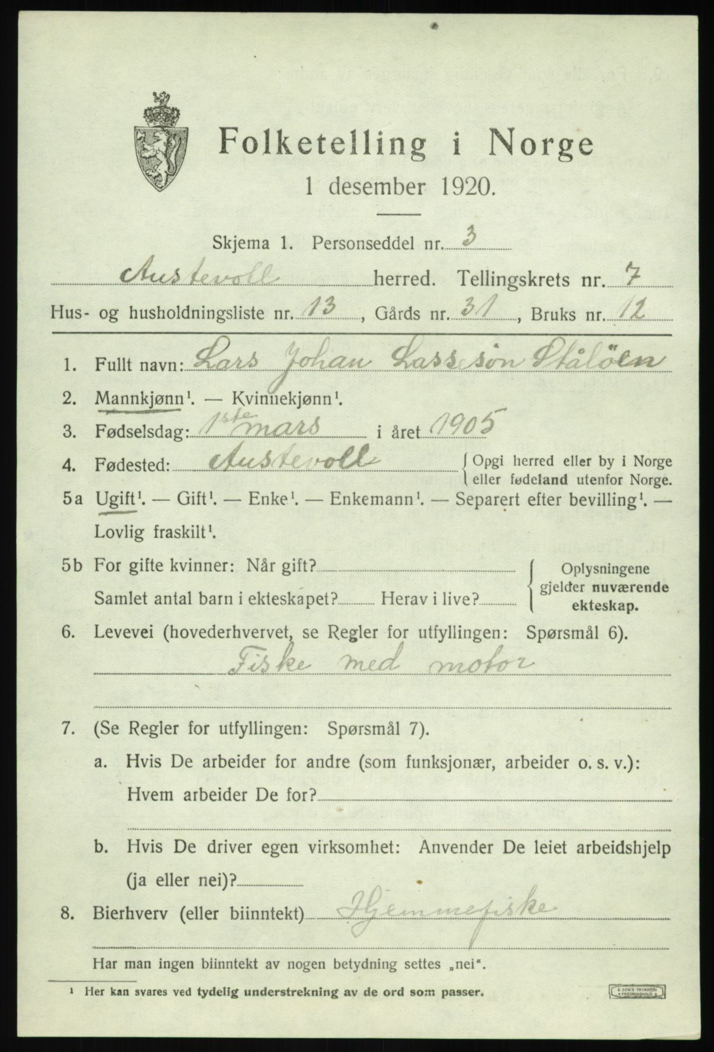 SAB, Folketelling 1920 for 1244 Austevoll herred, 1920, s. 3826