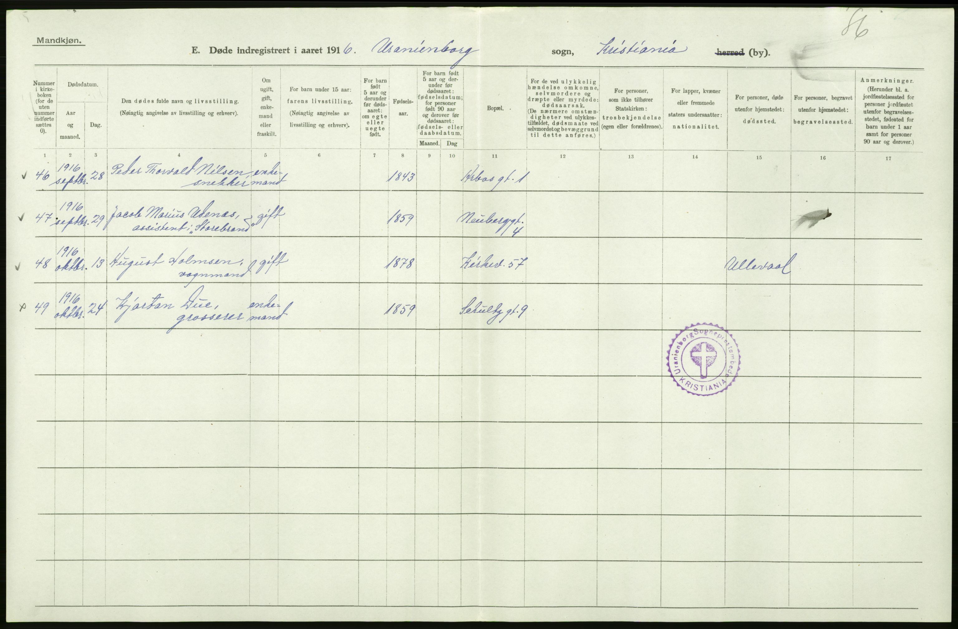 Statistisk sentralbyrå, Sosiodemografiske emner, Befolkning, AV/RA-S-2228/D/Df/Dfb/Dfbf/L0010: Kristiania: Døde, dødfødte., 1916, s. 104