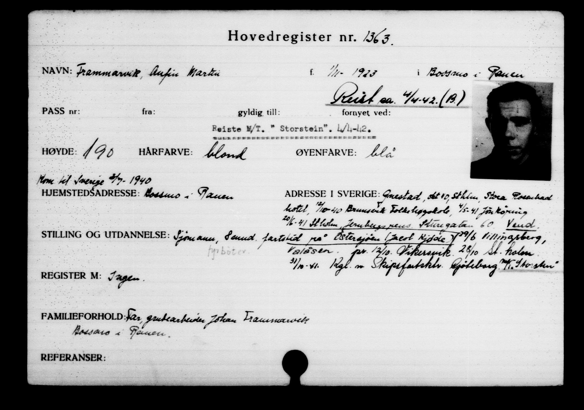 Utenriksstasjonene, Legasjonen i Stockholm, Flyktningkontoret, AV/RA-S-6753/V/Va/L0002: Kjesäterkartoteket, flyktninger med registreringsnr. 1001-2000, 1940-1945, s. 525