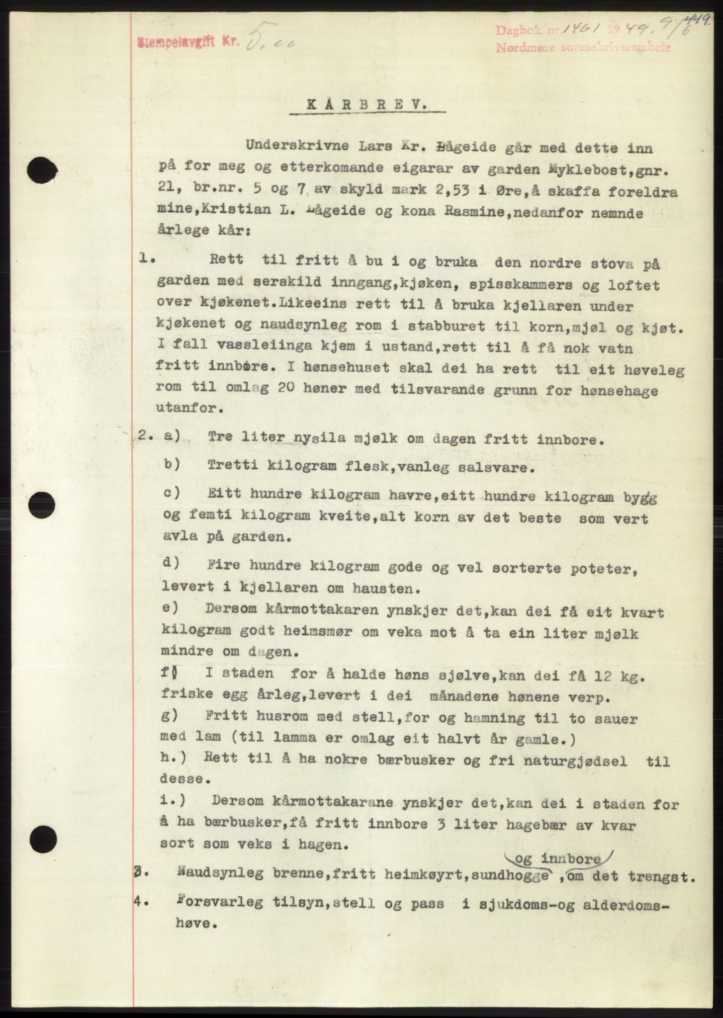 Nordmøre sorenskriveri, SAT/A-4132/1/2/2Ca: Pantebok nr. B101, 1949-1949, Dagboknr: 1461/1949