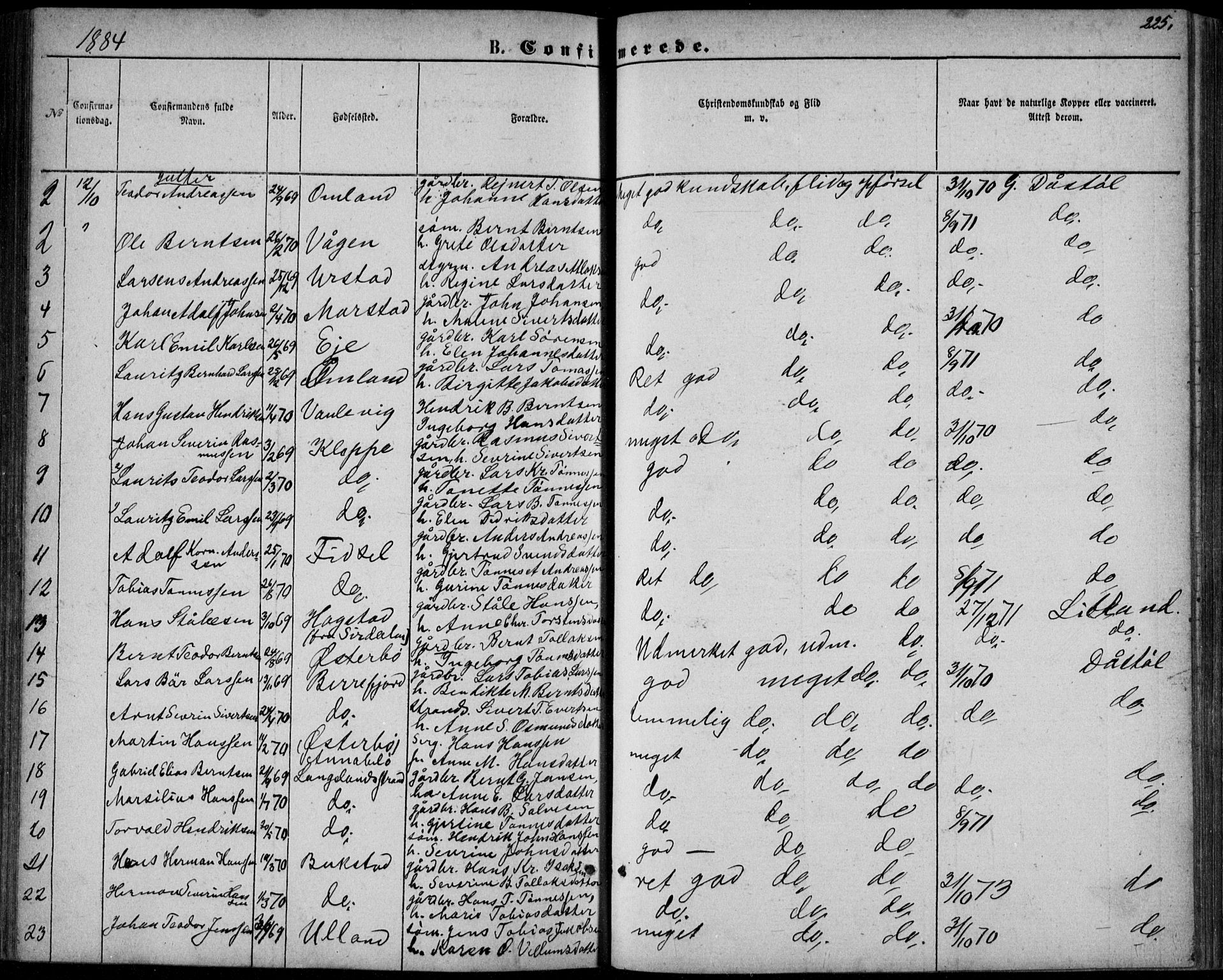 Flekkefjord sokneprestkontor, AV/SAK-1111-0012/F/Fb/Fbb/L0003: Klokkerbok nr. B 3, 1867-1889, s. 225