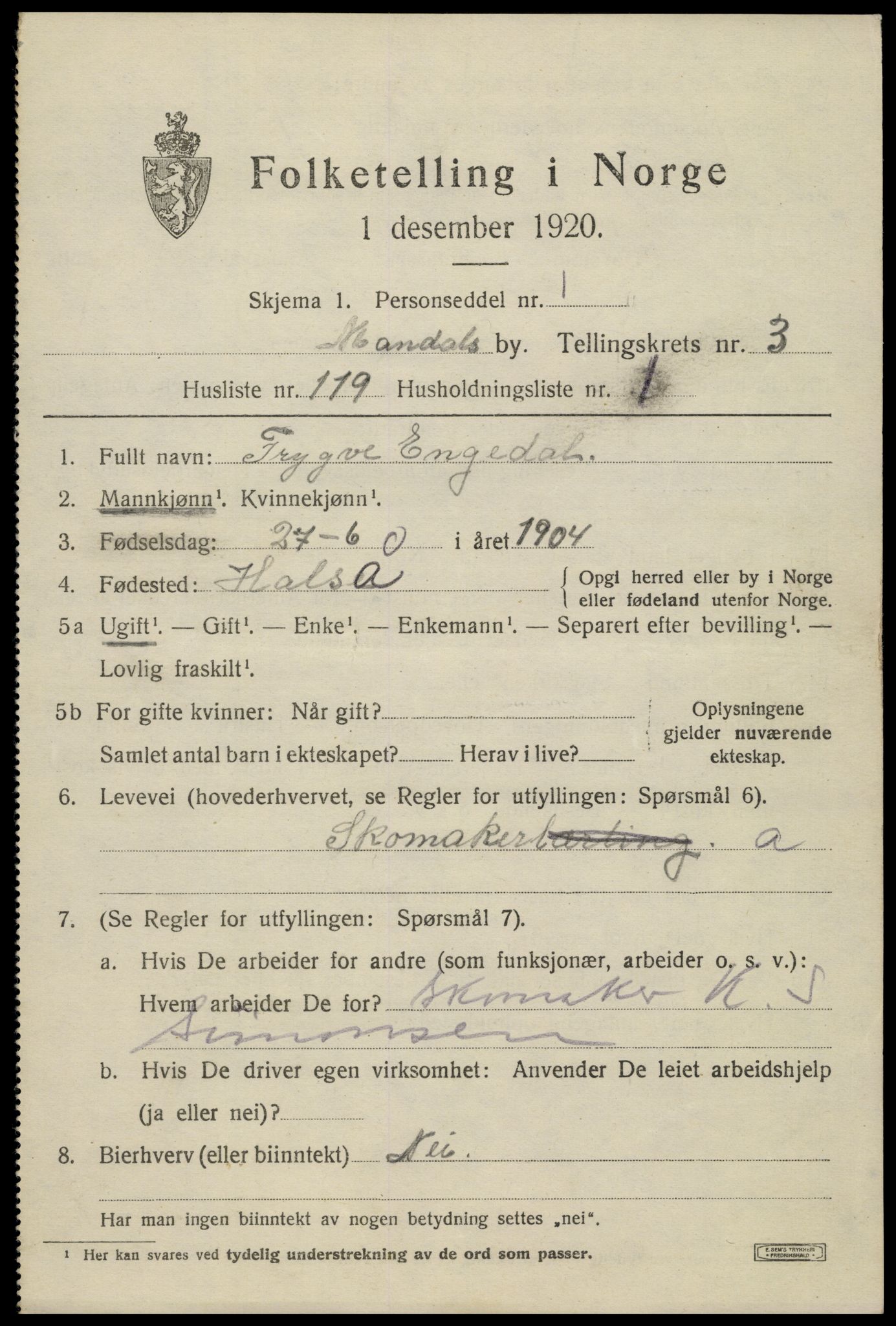 SAK, Folketelling 1920 for 1002 Mandal ladested, 1920, s. 6815