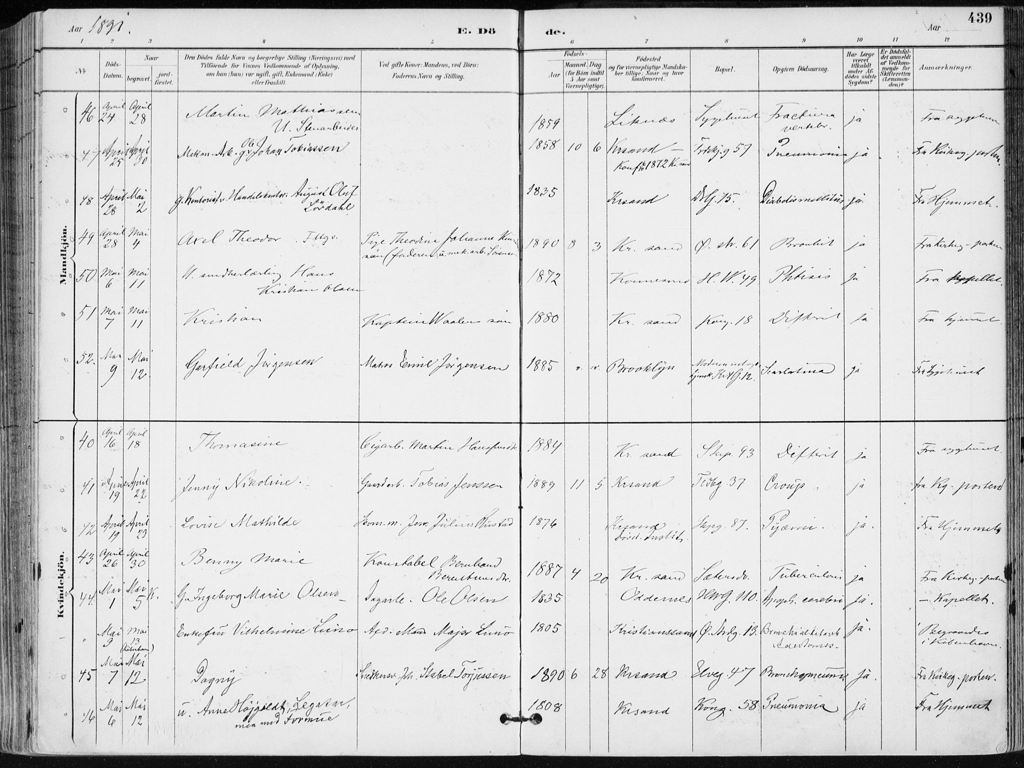 Kristiansand domprosti, AV/SAK-1112-0006/F/Fa/L0019: Ministerialbok nr. A 18, 1890-1897, s. 439