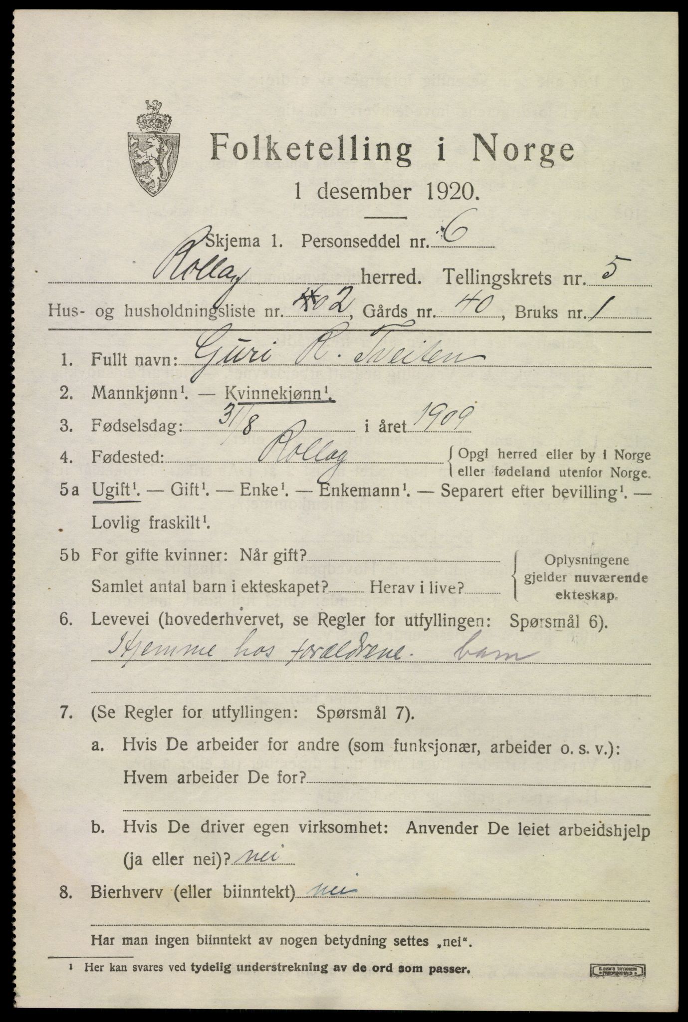 SAKO, Folketelling 1920 for 0632 Rollag herred, 1920, s. 2074
