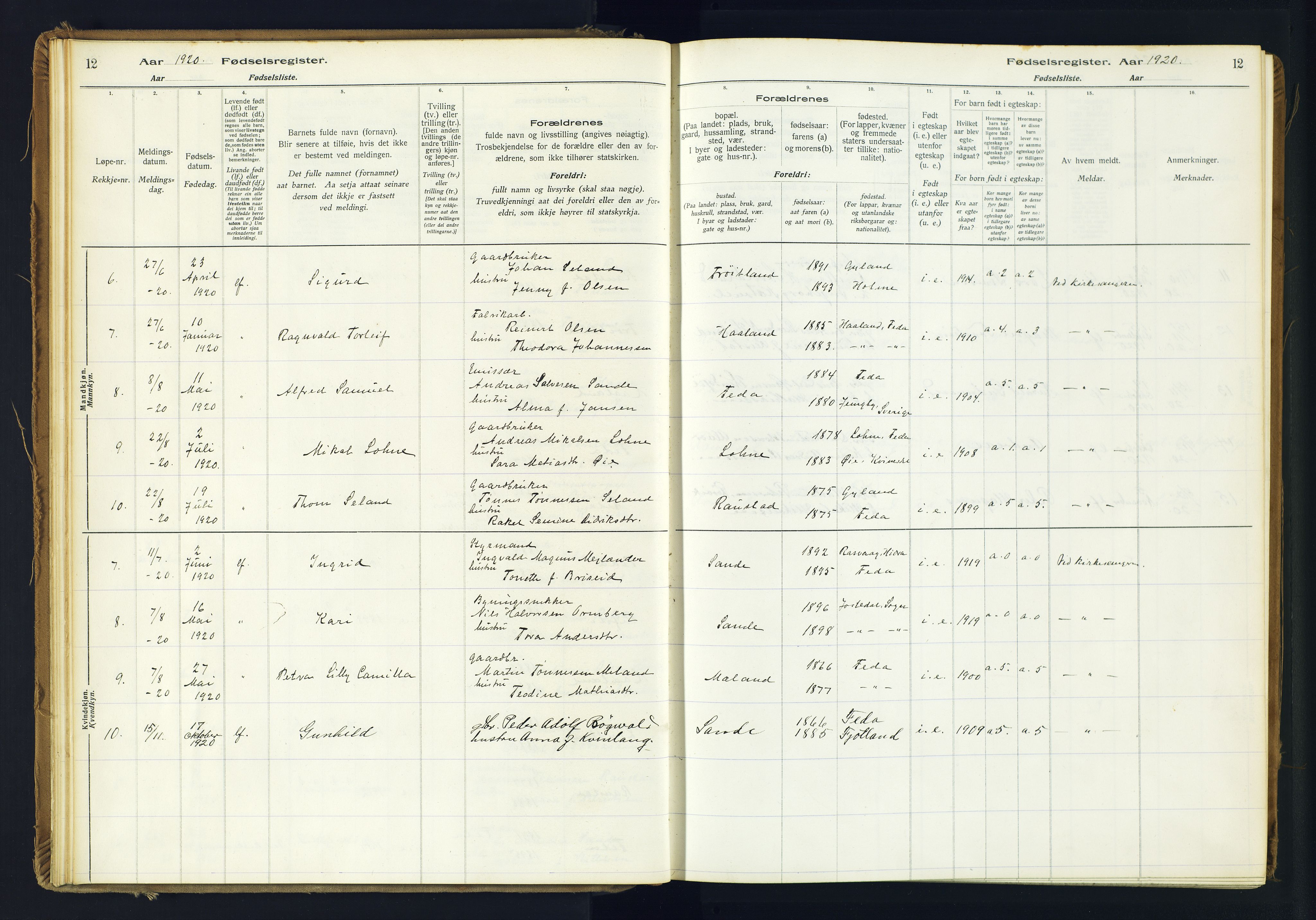 Kvinesdal sokneprestkontor, AV/SAK-1111-0026/J/Ja/L0005: Fødselsregister nr. 5, 1916-1982, s. 12