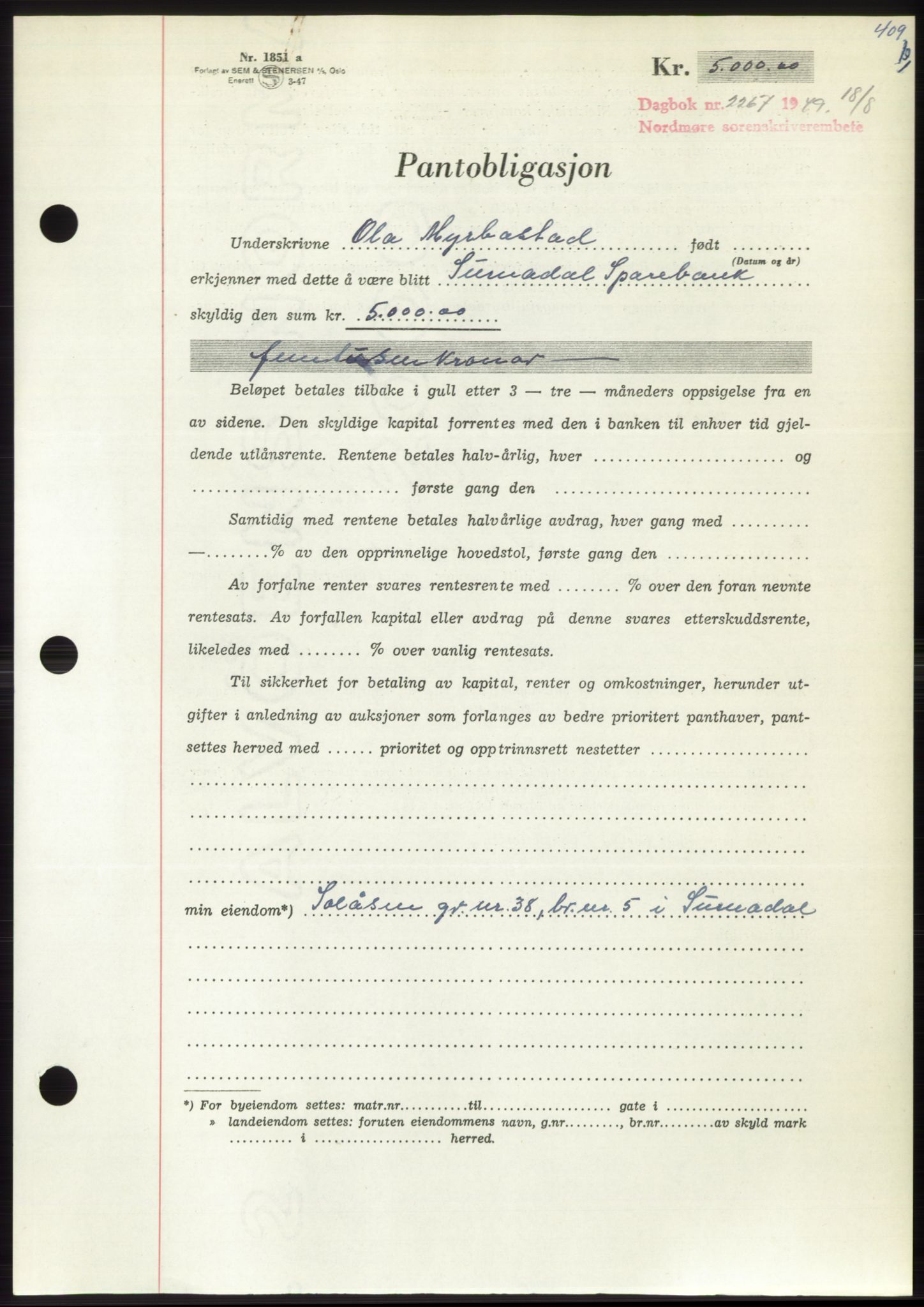 Nordmøre sorenskriveri, SAT/A-4132/1/2/2Ca: Pantebok nr. B102, 1949-1949, Dagboknr: 2267/1949