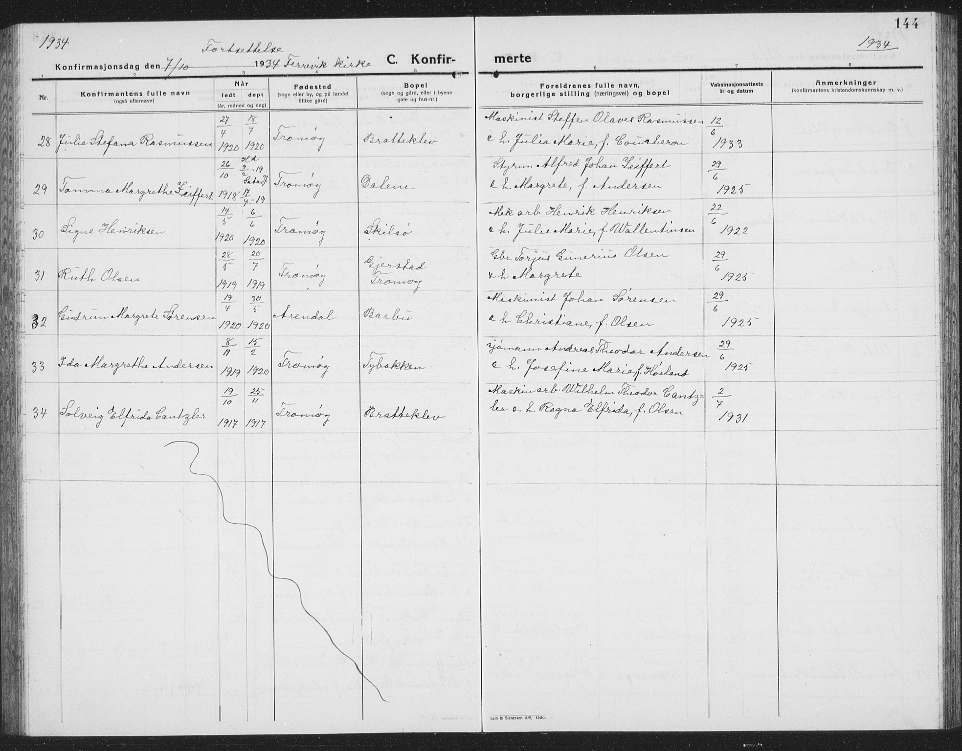 Tromøy sokneprestkontor, SAK/1111-0041/F/Fb/L0008: Klokkerbok nr. B 8, 1925-1938, s. 144