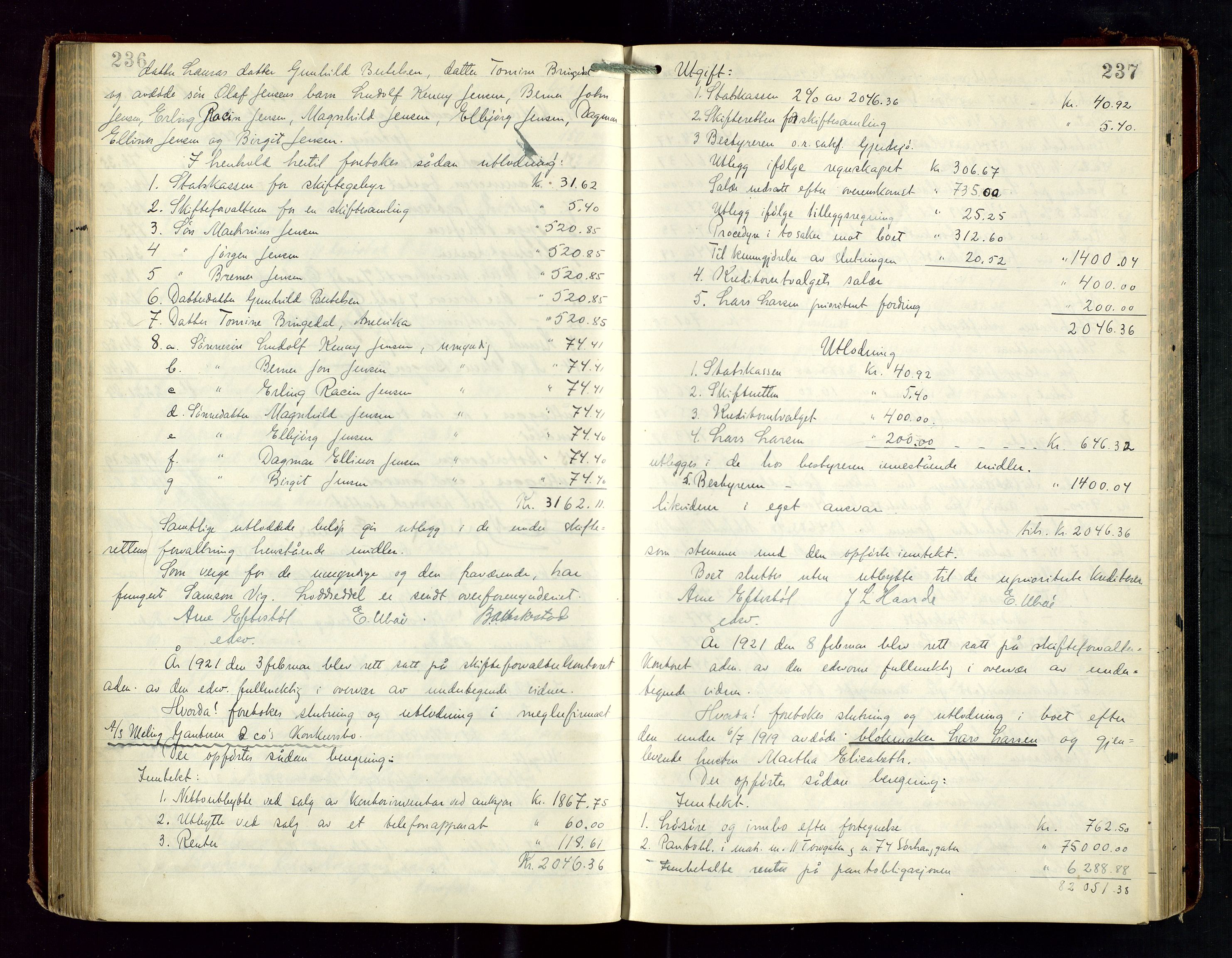 Haugesund tingrett, AV/SAST-A-101415/01/IV/IVD/L0003: Skifteutlodningsprotokoll, med register, 1915-1924, s. 236-237