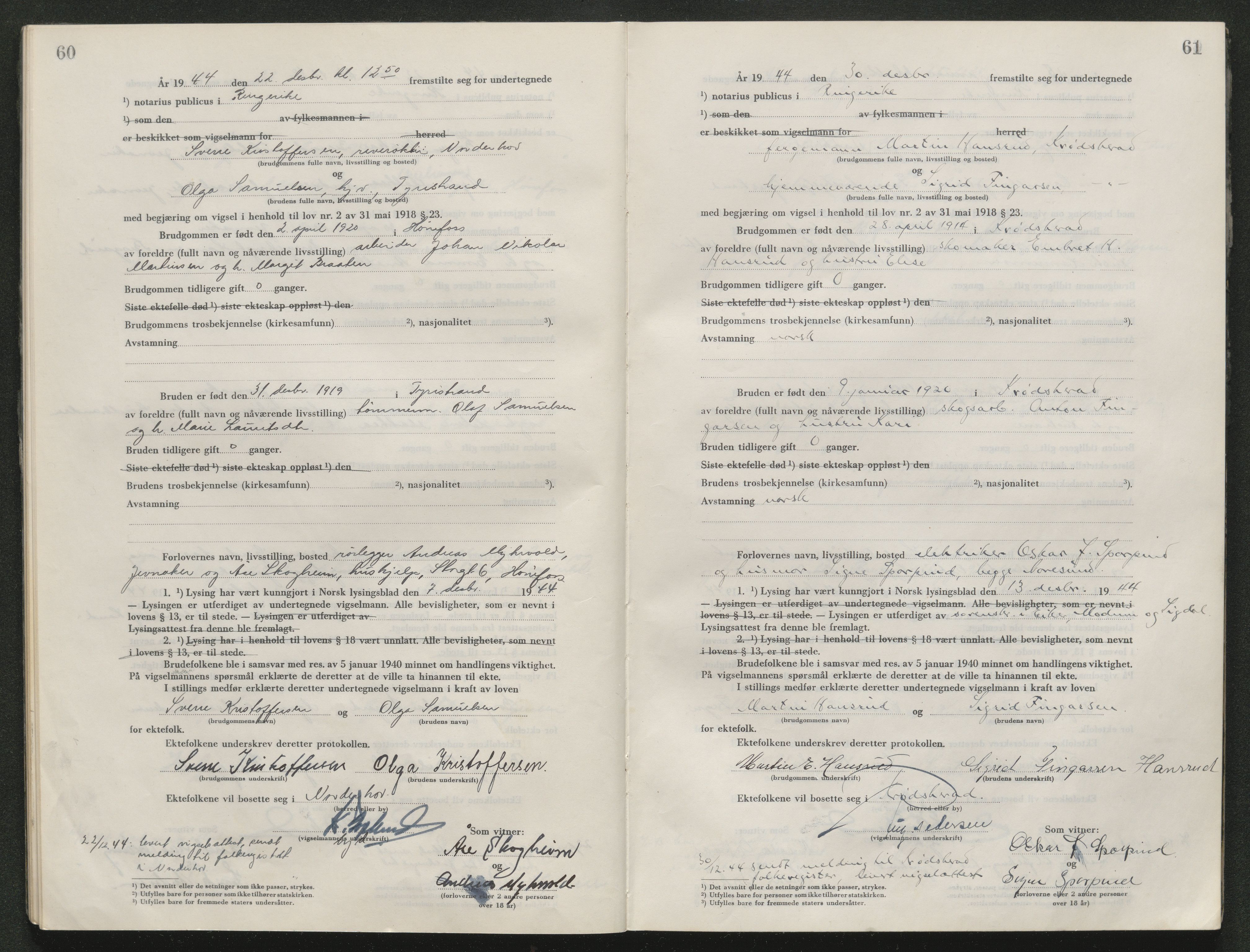 Ringerike sorenskriveri, AV/SAKO-A-105/L/Lc/L0004: Vigselsbok, 1944-1947, s. 60-61