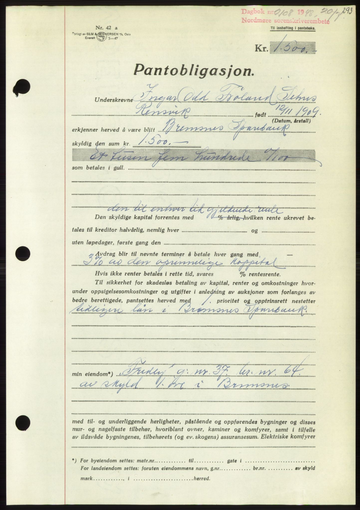 Nordmøre sorenskriveri, SAT/A-4132/1/2/2Ca: Pantebok nr. B99, 1948-1948, Dagboknr: 2108/1948