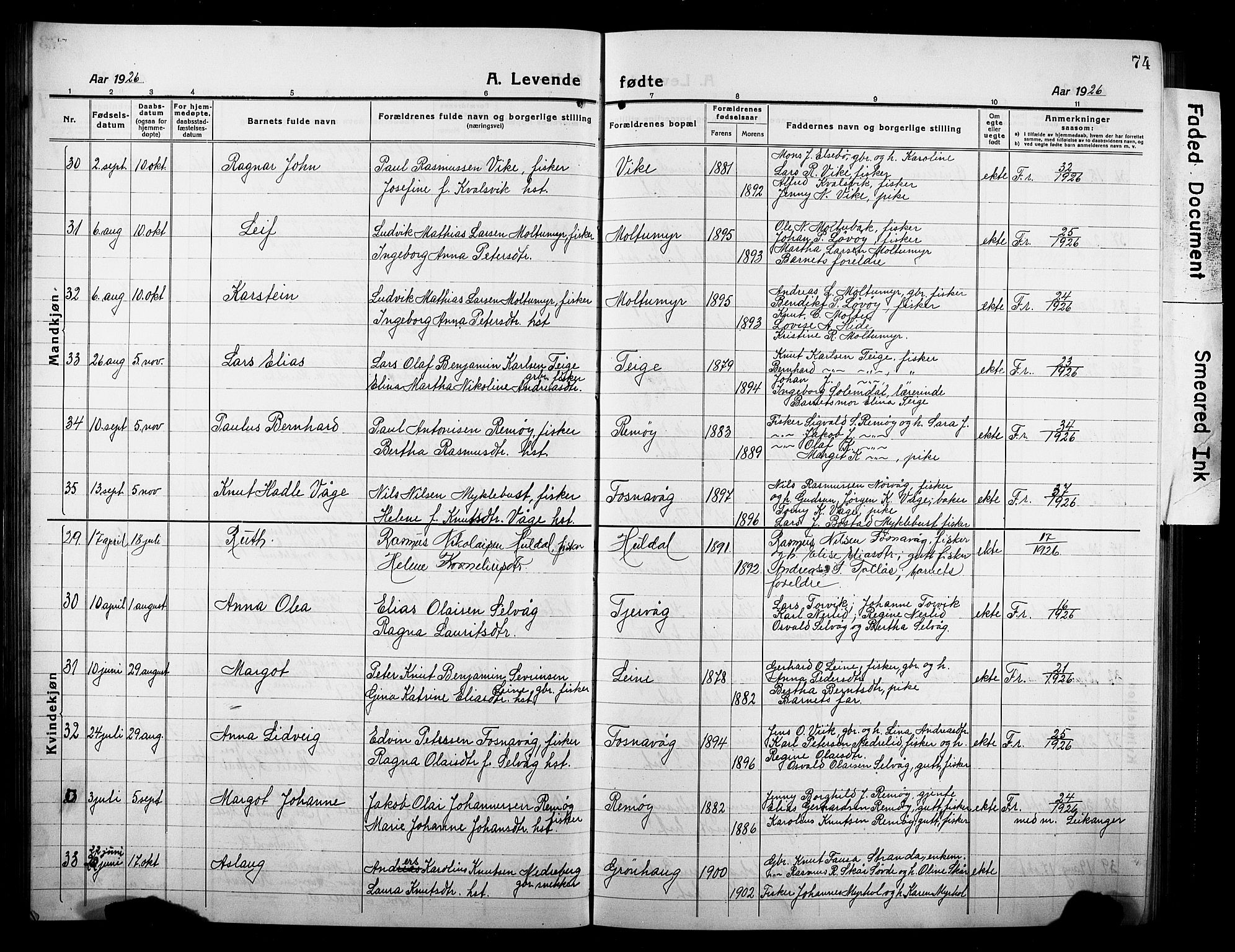 Ministerialprotokoller, klokkerbøker og fødselsregistre - Møre og Romsdal, AV/SAT-A-1454/507/L0084: Klokkerbok nr. 507C07, 1919-1932, s. 74