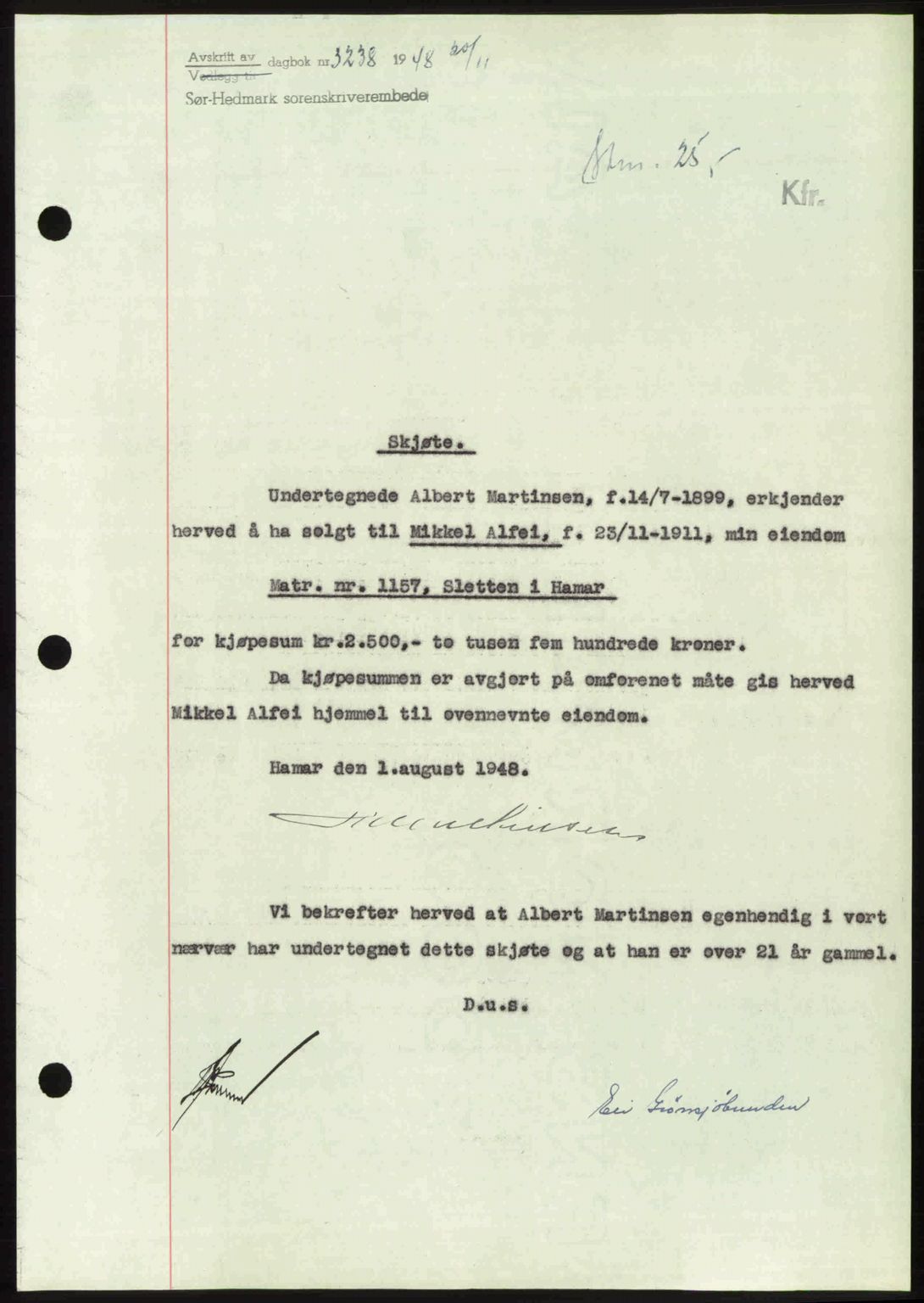 Sør-Hedmark sorenskriveri, SAH/TING-014/H/Hb/Hbd/L0018: Pantebok nr. 18, 1948-1949, Dagboknr: 3238/1948