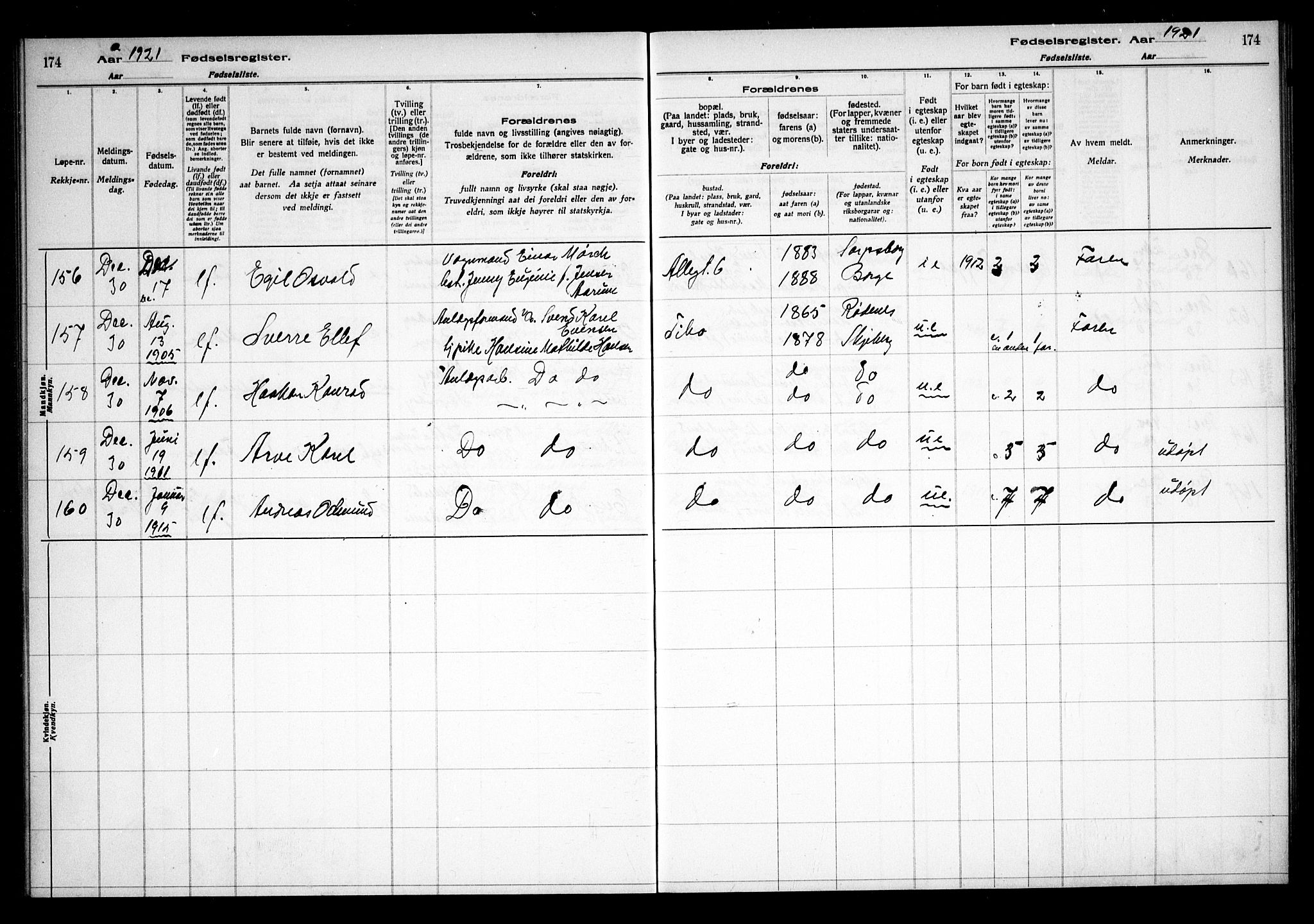 Sarpsborg prestekontor Kirkebøker, AV/SAO-A-2006/J/Ja/L0001: Fødselsregister nr. 1, 1916-1922, s. 174