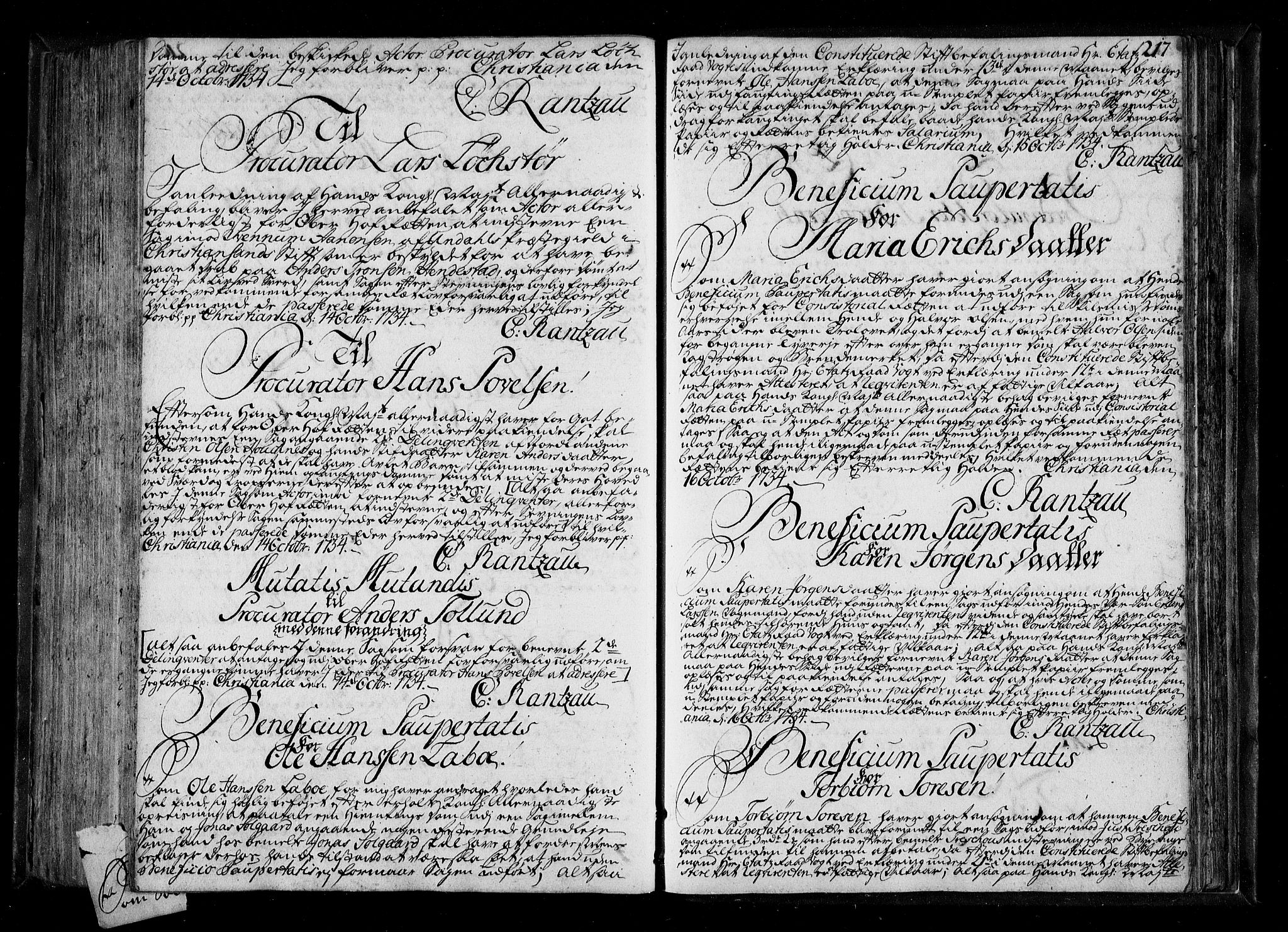 Stattholderembetet 1572-1771, AV/RA-EA-2870/Be/L0011: Kopibok for beneficia paupertatis, 1726-1739, s. 216b-217a