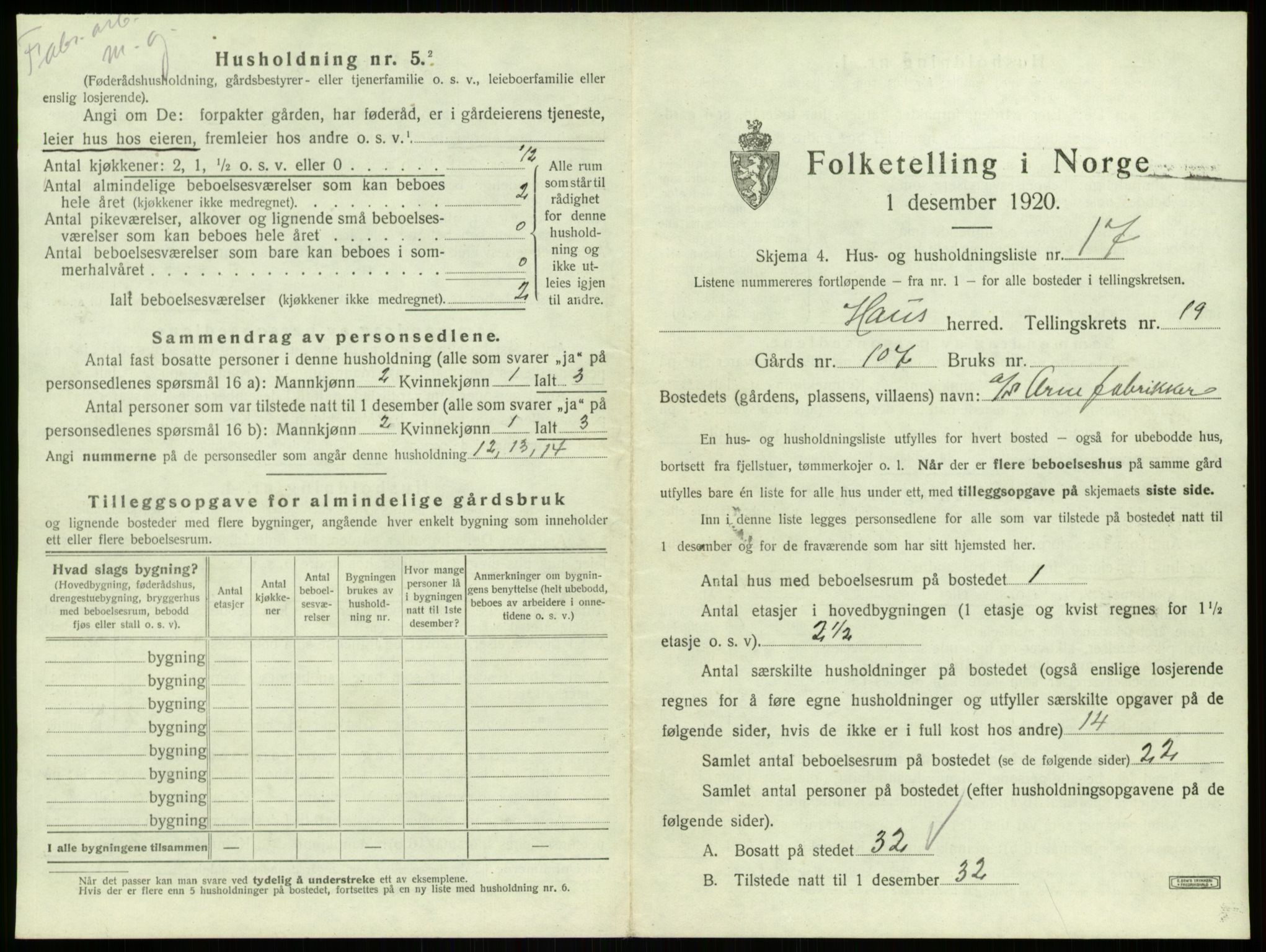 SAB, Folketelling 1920 for 1250 Haus herred, 1920, s. 1645
