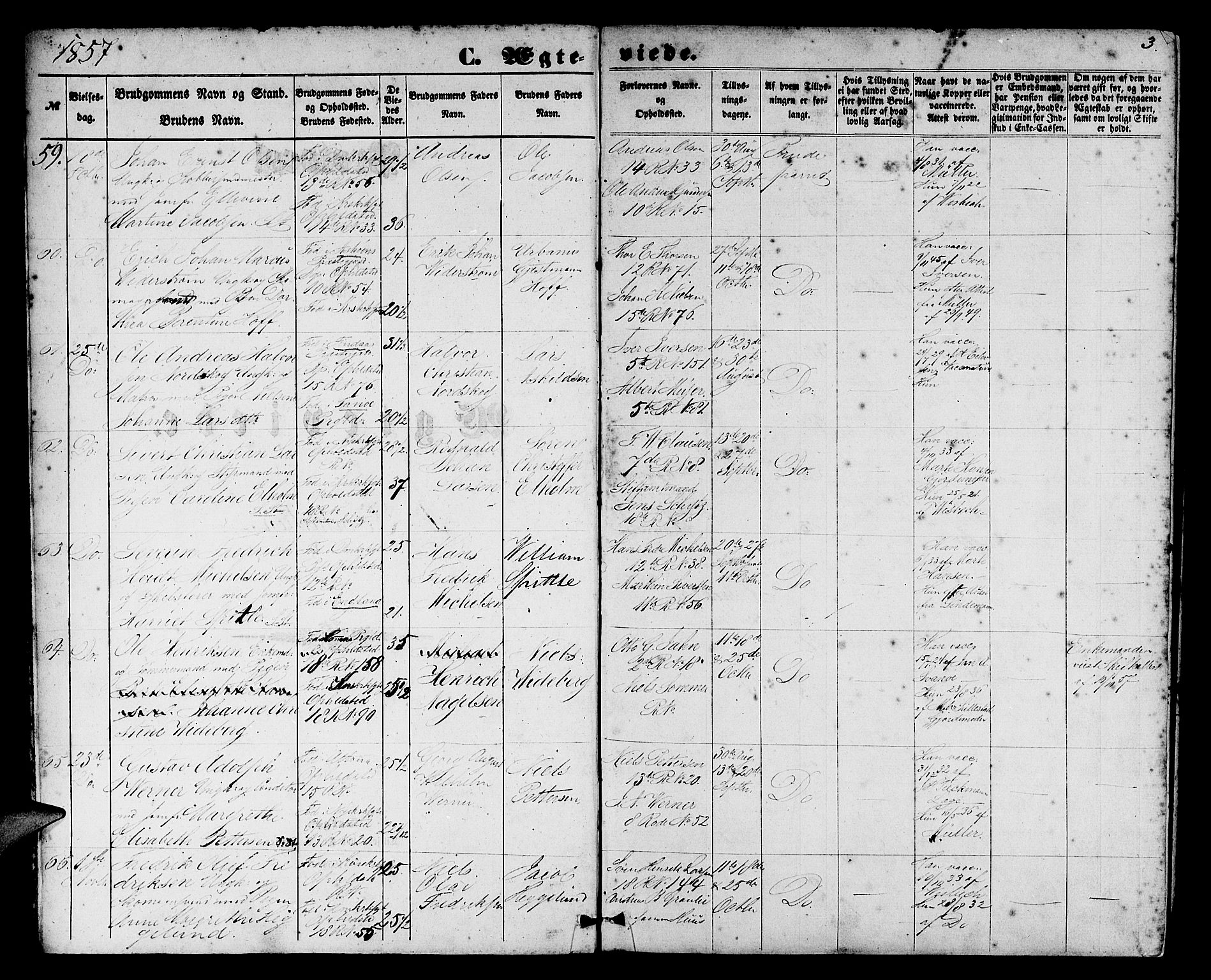 Domkirken sokneprestembete, AV/SAB-A-74801/H/Hab/L0030: Klokkerbok nr. D 2, 1857-1876, s. 3