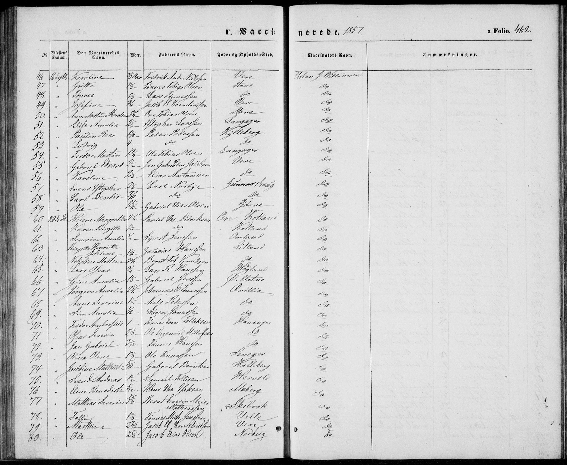 Lista sokneprestkontor, AV/SAK-1111-0027/F/Fb/L0002: Klokkerbok nr. B 2, 1847-1862, s. 462