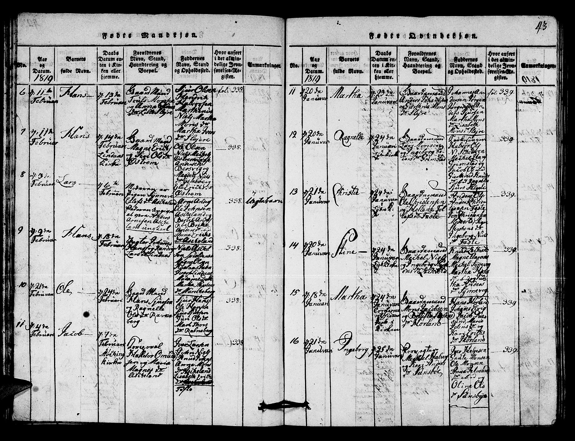 Lindås Sokneprestembete, AV/SAB-A-76701/H/Hab/Haba/L0001: Klokkerbok nr. A 1, 1816-1823, s. 43
