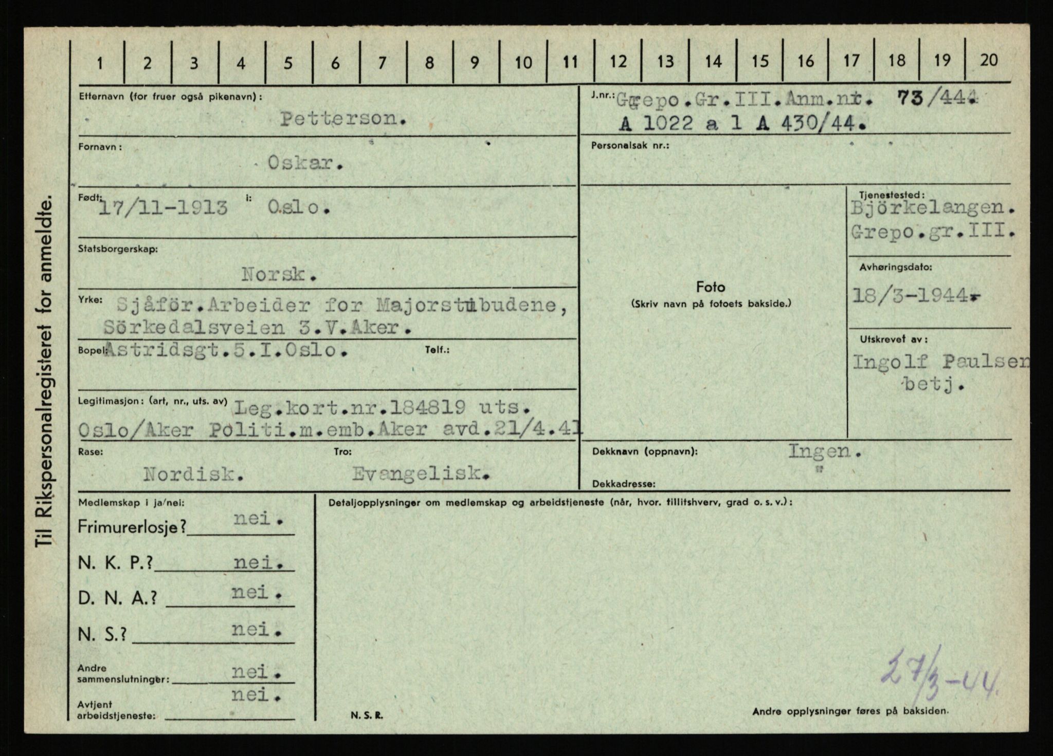 Statspolitiet - Hovedkontoret / Osloavdelingen, AV/RA-S-1329/C/Ca/L0012: Oanæs - Quistgaard	, 1943-1945, s. 4468