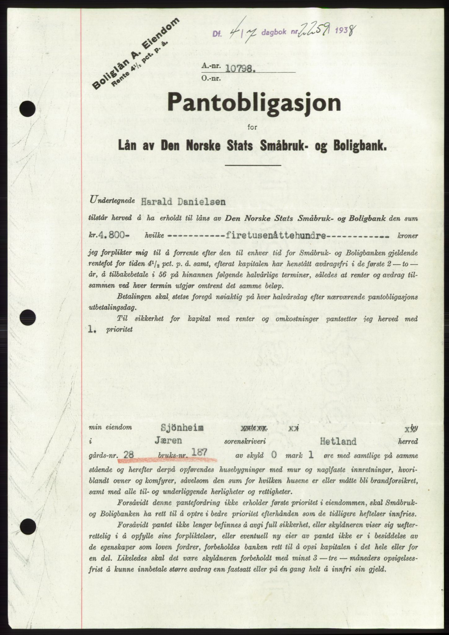 Jæren sorenskriveri, SAST/A-100310/03/G/Gba/L0071: Pantebok, 1938-1938, Dagboknr: 2259/1938