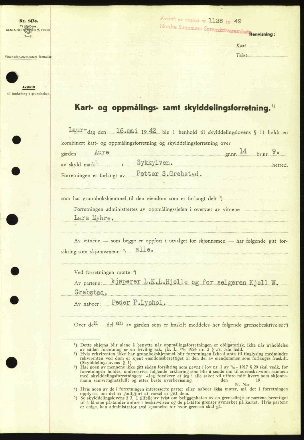 Nordre Sunnmøre sorenskriveri, SAT/A-0006/1/2/2C/2Ca: Pantebok nr. A14, 1942-1942, Dagboknr: 1138/1942