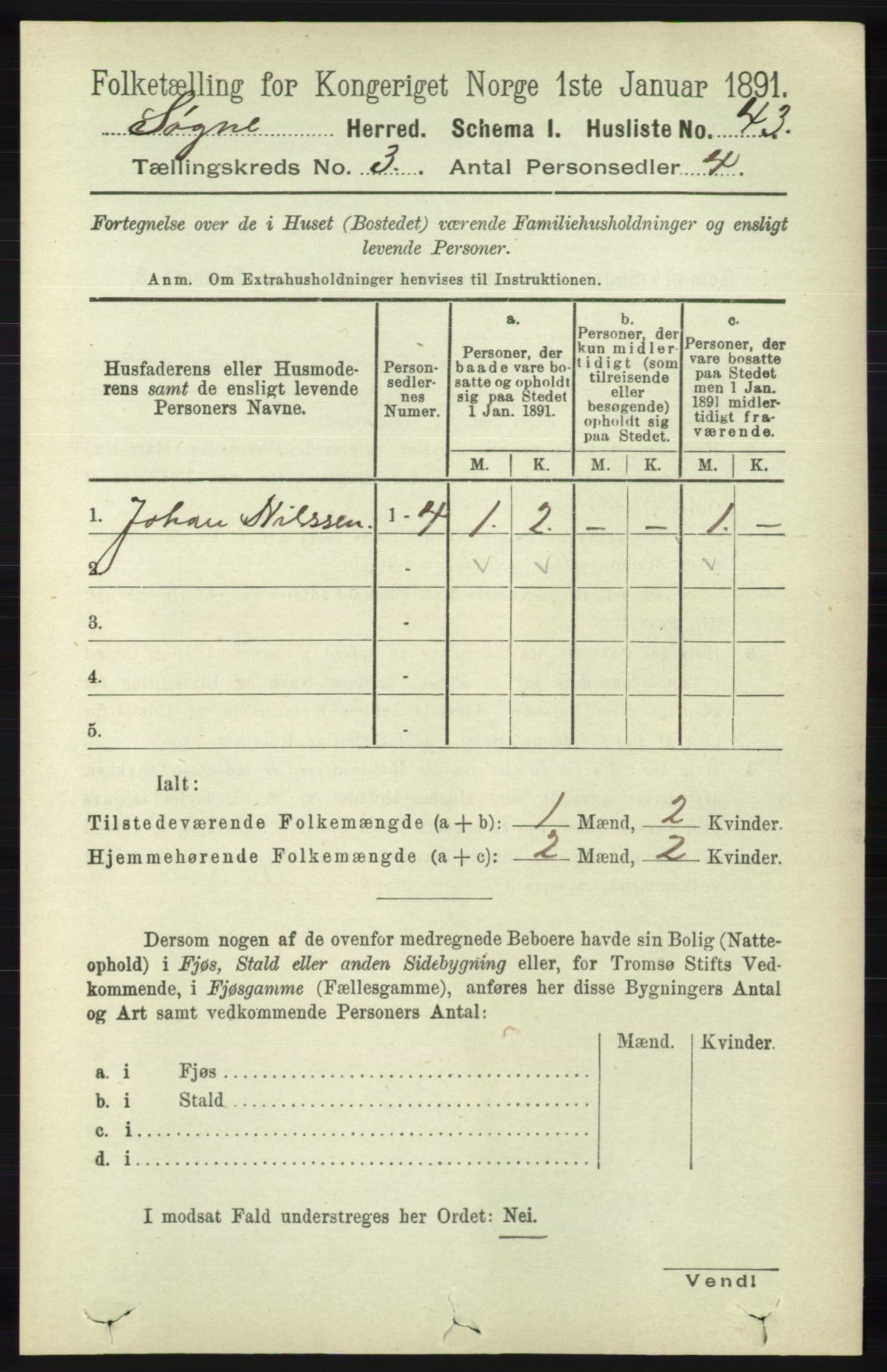 RA, Folketelling 1891 for 1018 Søgne herred, 1891, s. 309