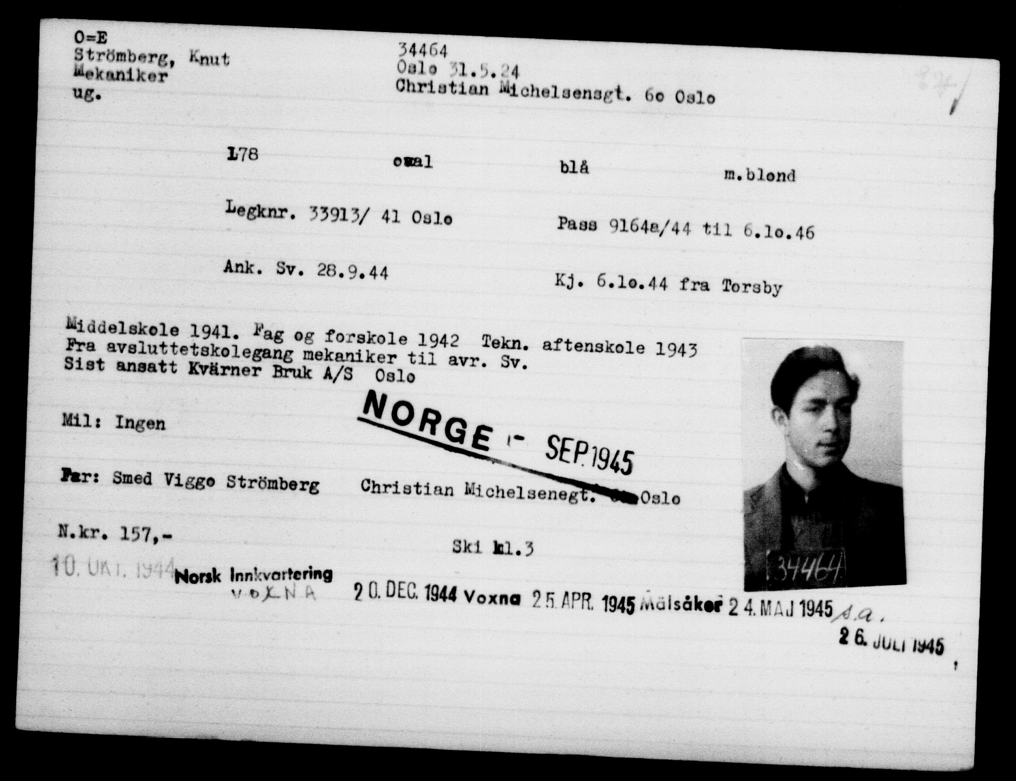 Utenriksstasjonene, Legasjonen i Stockholm, Flyktningkontoret, AV/RA-S-6753/V/Va/L0013: Kjesäterkartoteket, flyktninger med registreringsnr. 31500-34731, 1940-1945, s. 3122