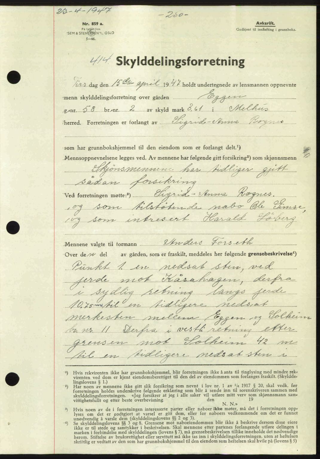 Gauldal sorenskriveri, SAT/A-0014/1/2/2C: Pantebok nr. A3, 1947-1947, Dagboknr: 414/1947