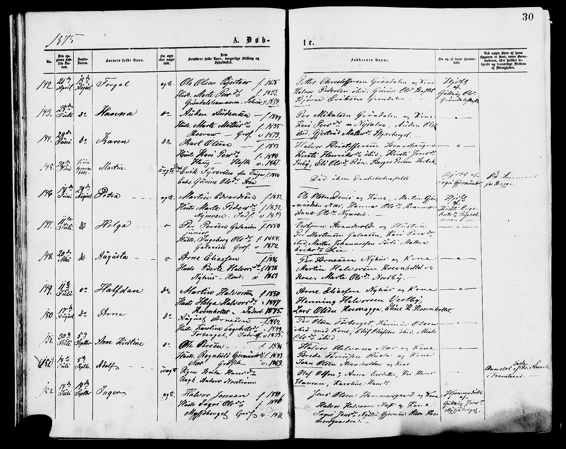 Trysil prestekontor, AV/SAH-PREST-046/H/Ha/Haa/L0007: Ministerialbok nr. 7, 1874-1880, s. 30