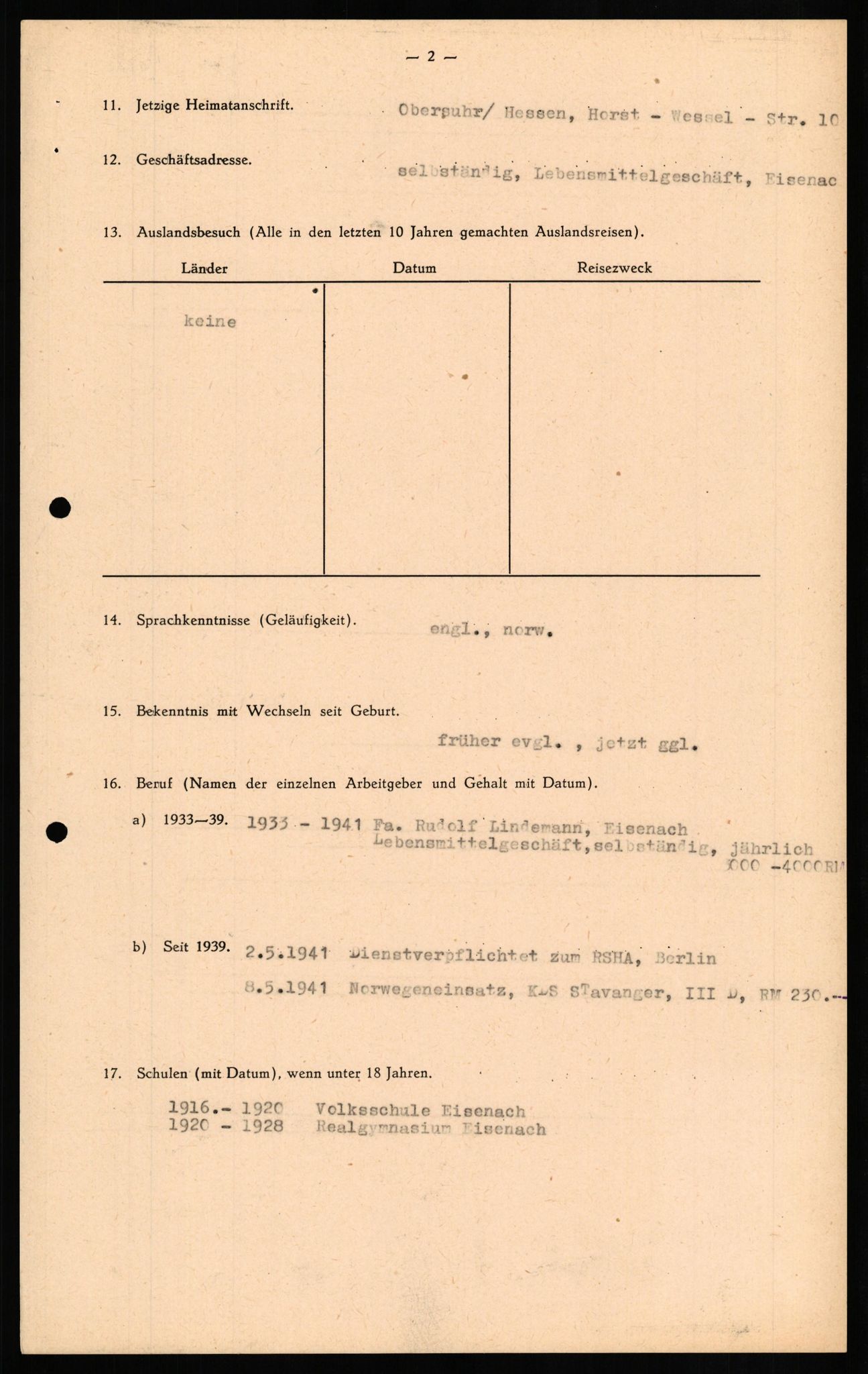Forsvaret, Forsvarets overkommando II, RA/RAFA-3915/D/Db/L0020: CI Questionaires. Tyske okkupasjonsstyrker i Norge. Tyskere., 1945-1946, s. 167