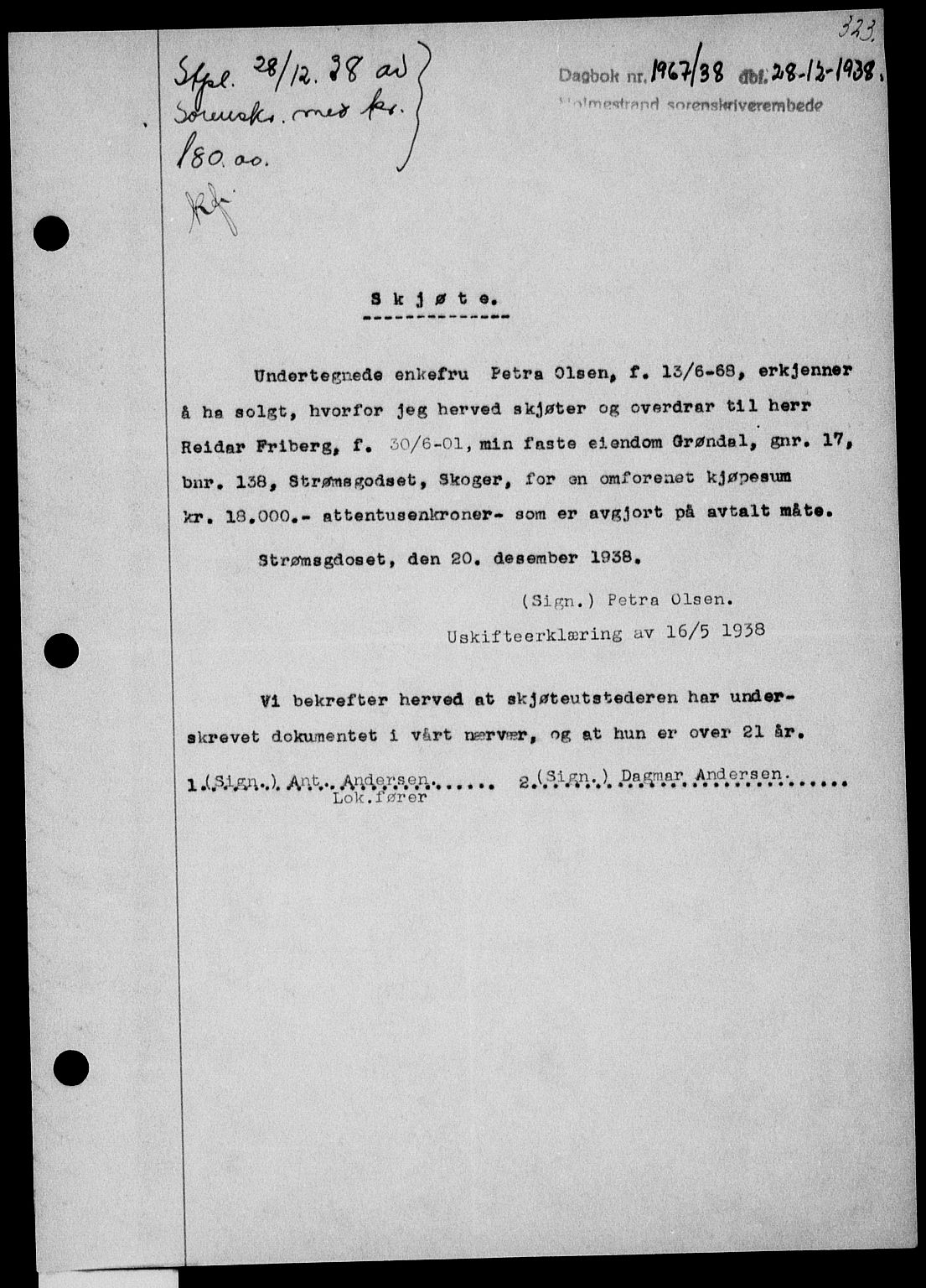 Holmestrand sorenskriveri, SAKO/A-67/G/Ga/Gaa/L0050: Pantebok nr. A-50, 1938-1939, Dagboknr: 1967/1938
