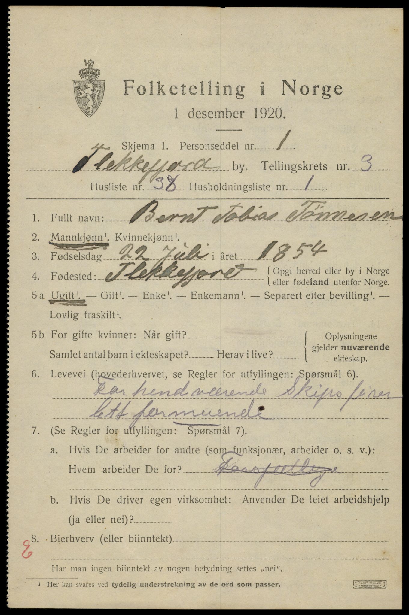 SAK, Folketelling 1920 for 1004 Flekkefjord kjøpstad, 1920, s. 3850