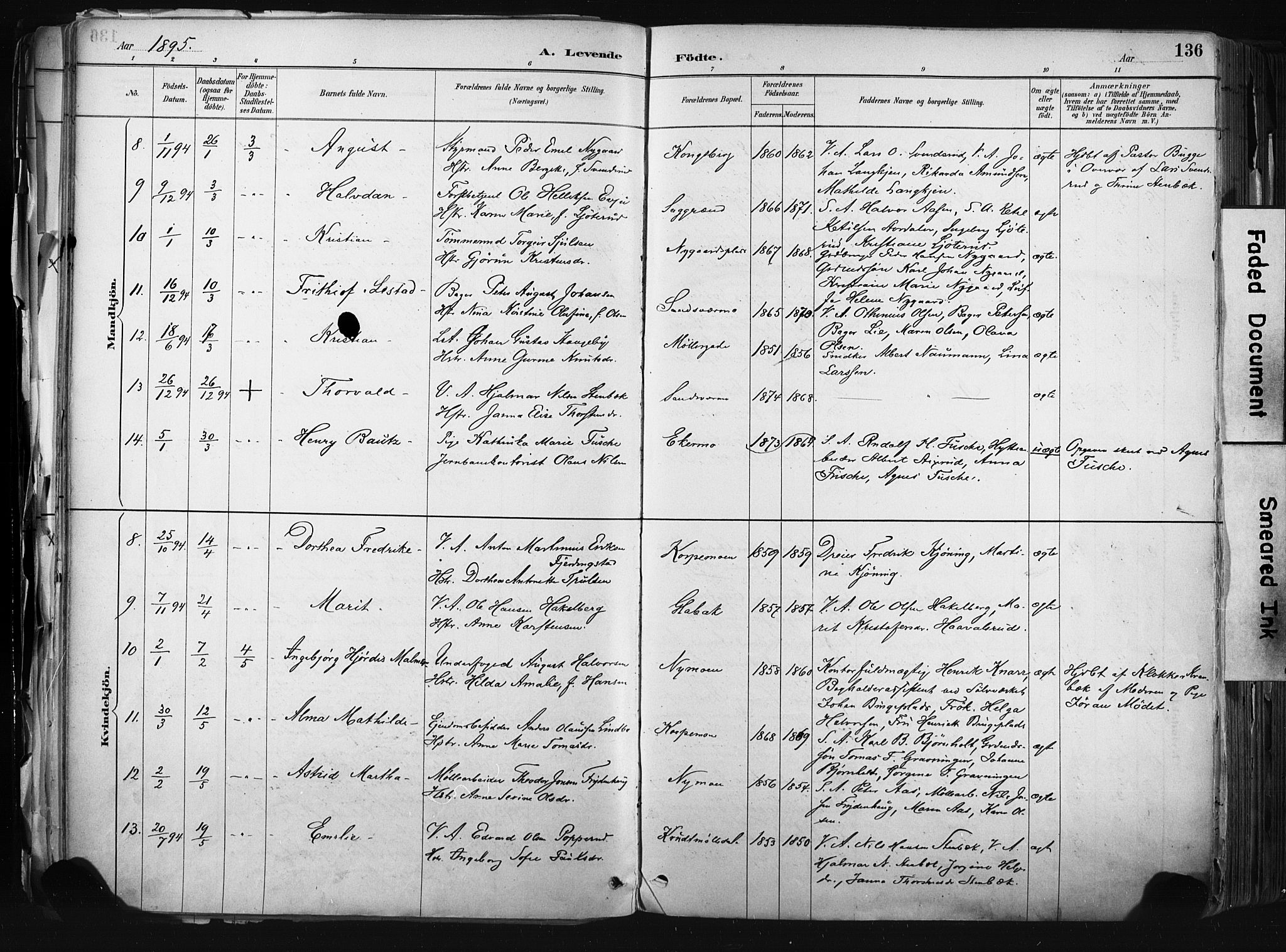 Kongsberg kirkebøker, AV/SAKO-A-22/F/Fb/L0002: Ministerialbok nr. II 2, 1886-1896, s. 136